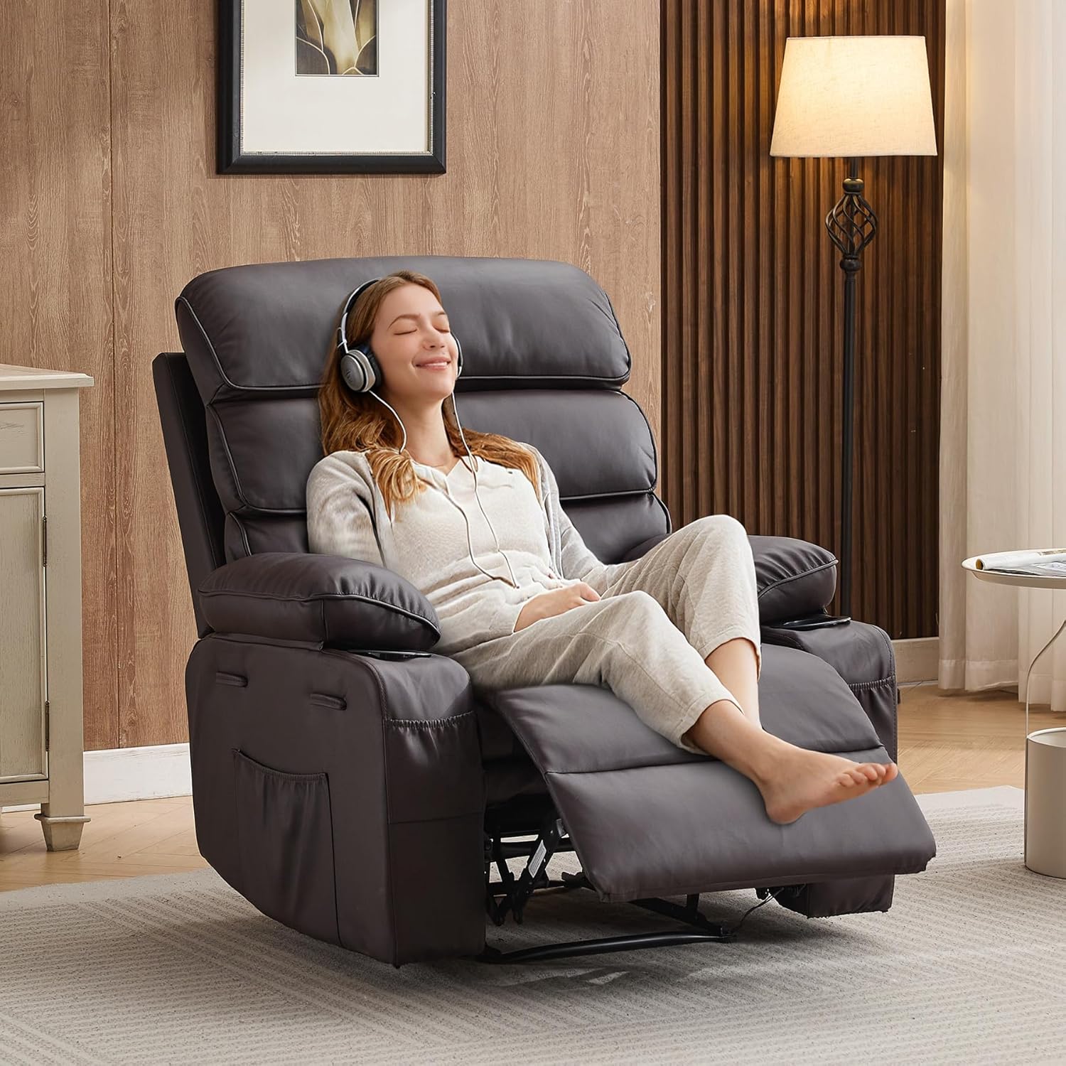 PU Leather Extra Wide Manual Recliner for Adults with Massage and Heat, Large Lazy Chair with 1.5X Sponge Comfort Arm and Back for Living Room, Bedroom