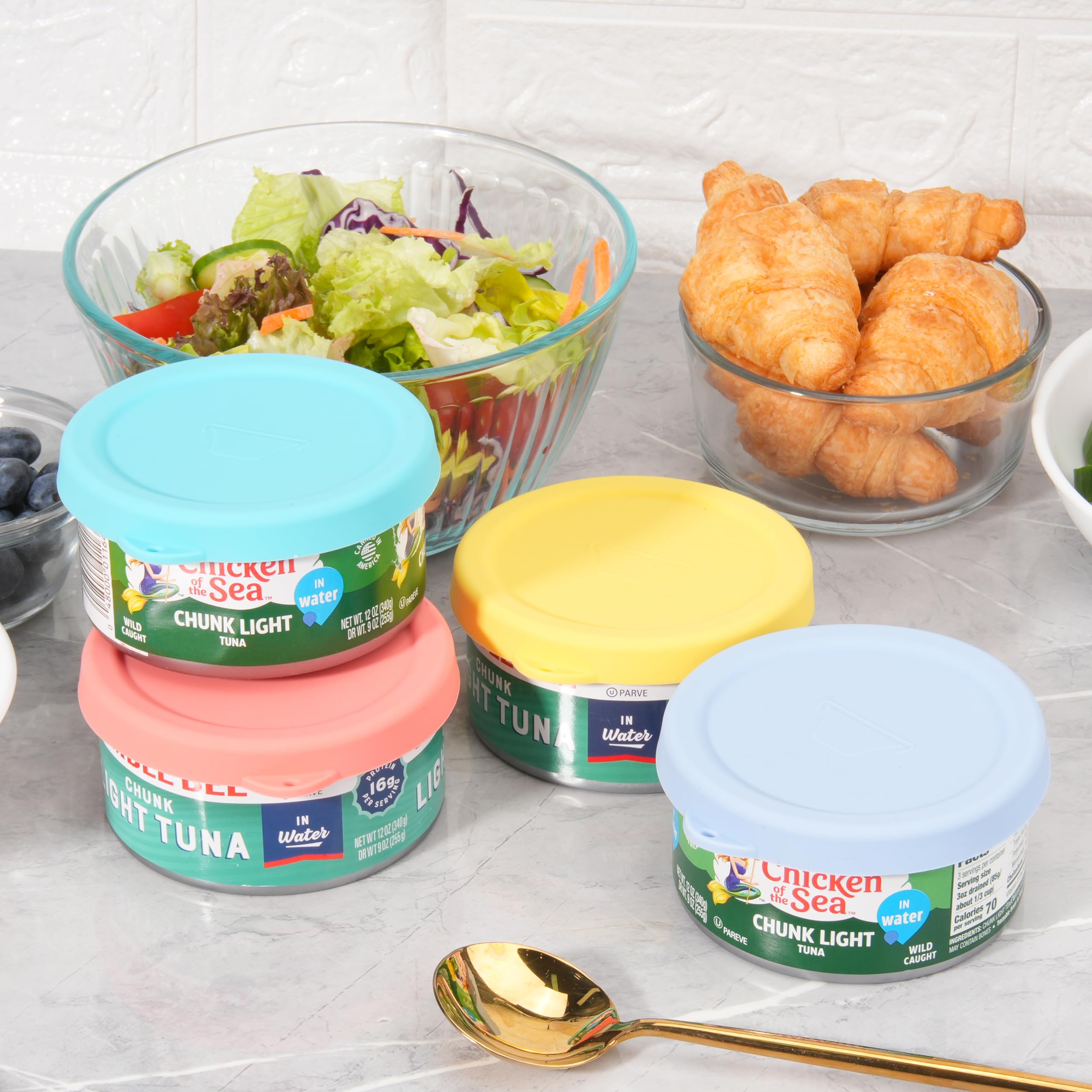 LUVCOSY 4 fundas de silicona de 4 pulgadas para latas de atún abejorro y pollo del mar (12 onzas), tapas de lata para latas de 4 pulgadas, cubiertas de latas para productos enlatados, cubierta de