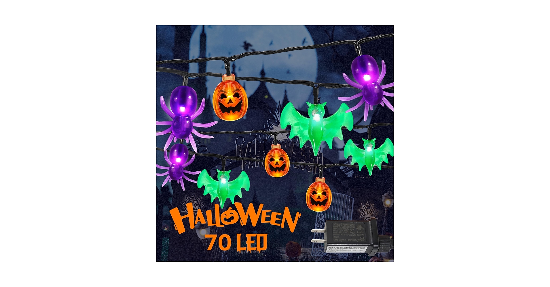 RECESKY 70 LED Pumpkin Bat Spider String Lights - 22.6ft