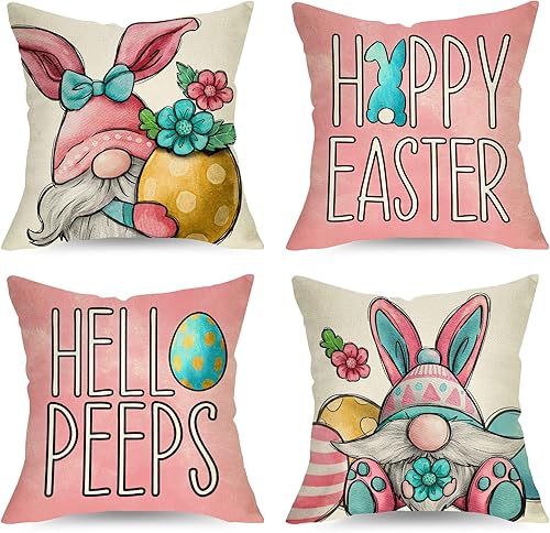 Ussap Juego de 4 fundas de almohada decorativas de gnomo de conejo de Pascua feliz de 18 x 18 pulgadas decoración de funda de cojín de conejo de