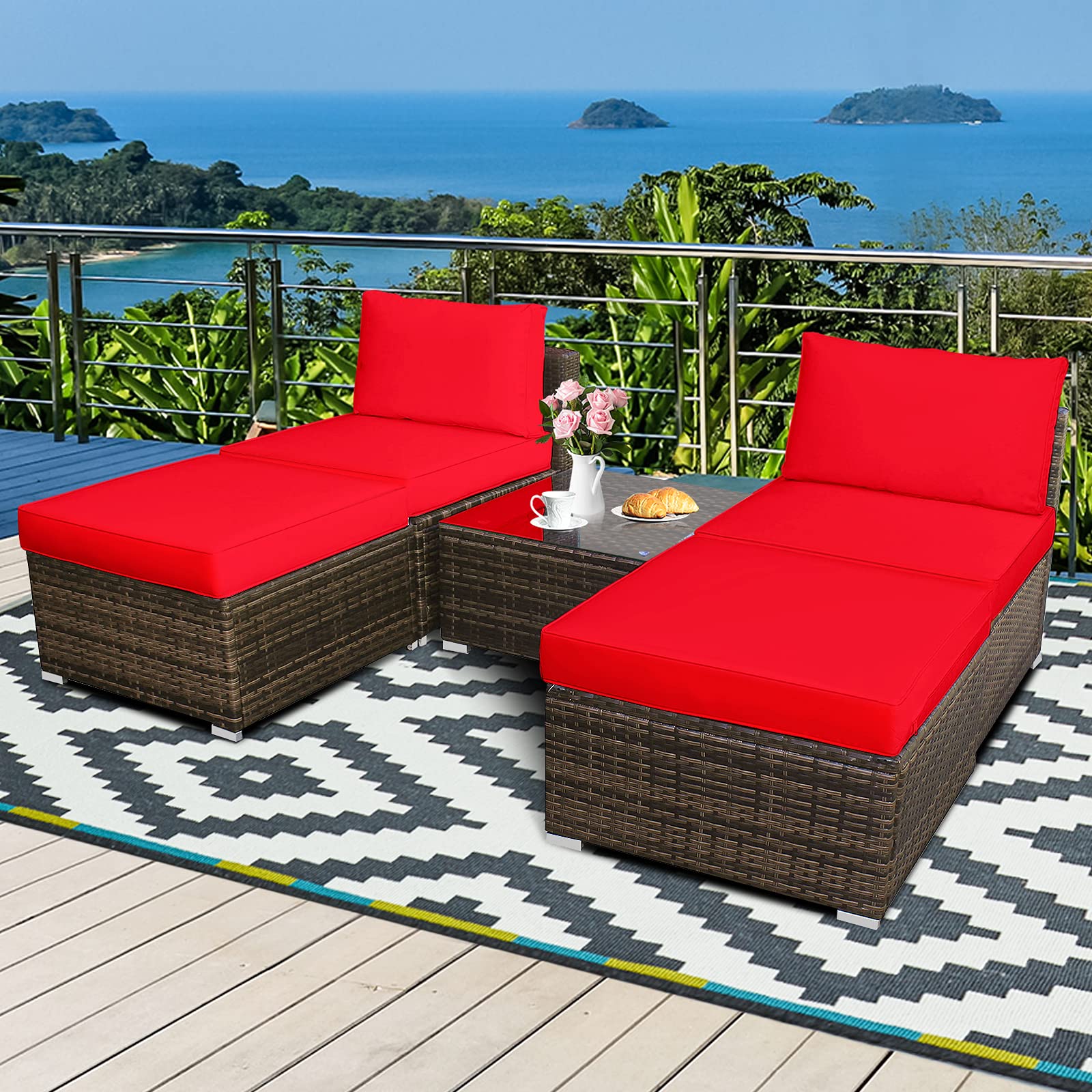 HAPPYGRILL 5-Piece Chaise Lounge Set with Ottoman & Coffee Table Outdoor Rattan Wicker Lounge Chair Daybed Conversation Sofa Set with Cushions for