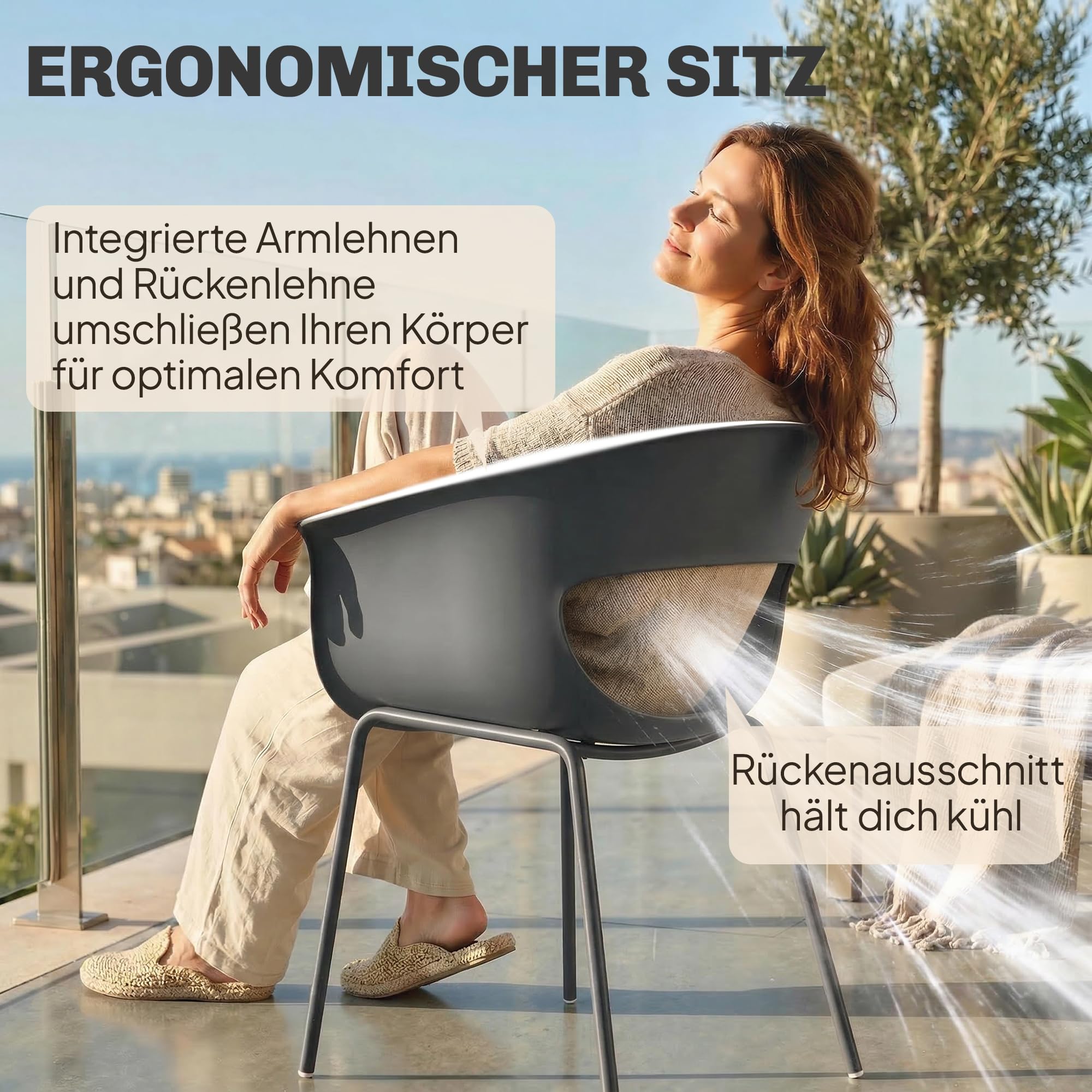 Outsunny Gartenstühle 4er Set ergonomisch Balkonstühle mit Ausschnittdesign Armlehne Wetterfest rostbeständig Outdoor Stühle bis 120 kg Terrassenstühle für Garten Balkon Terrasse Dunkelgrau
