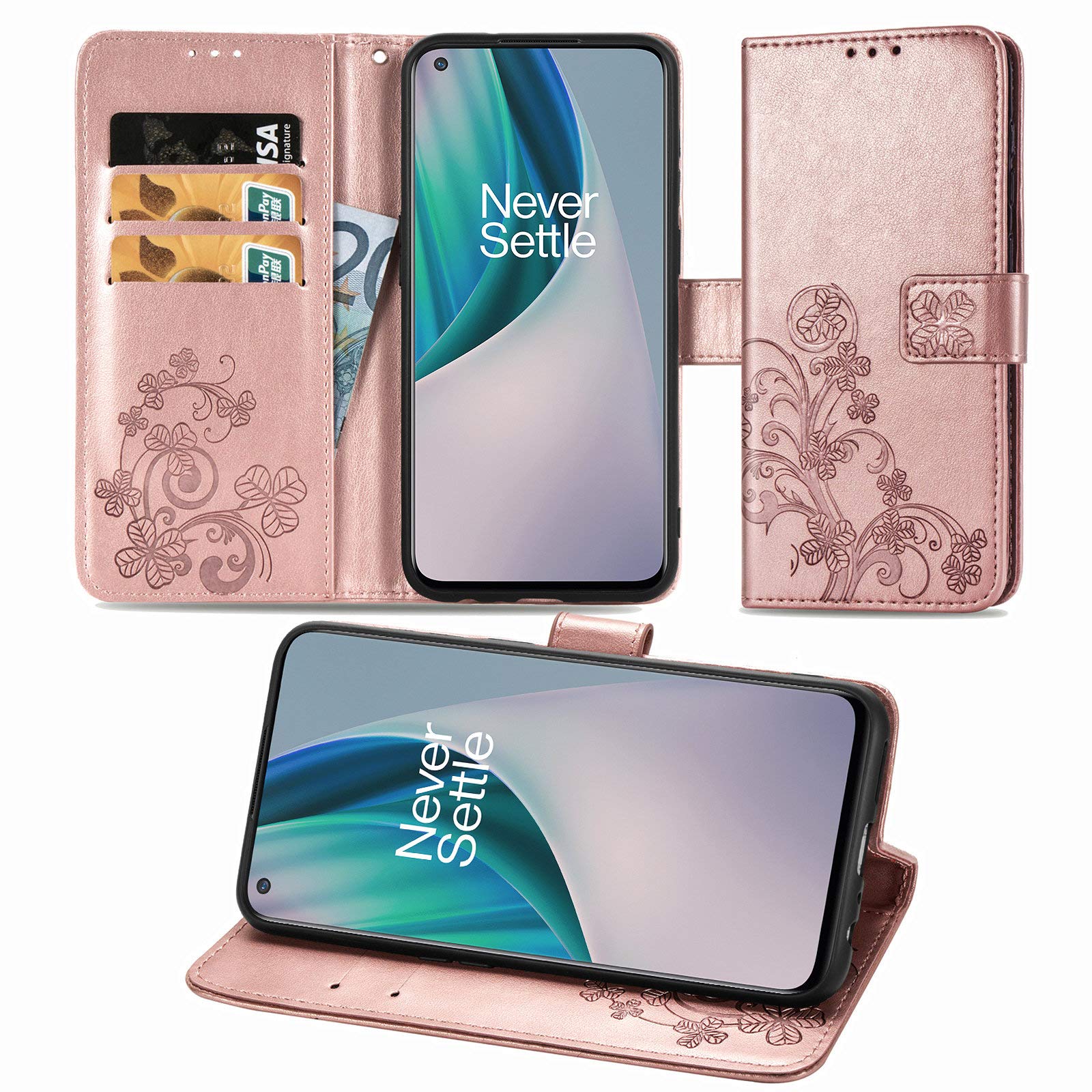 PKQTOP Cover Per OnePlus Nord N10 Con Fessura Carte E Supporto – Custodia Flip In Pelle PU Con Motivo Rose E Guscio TPU