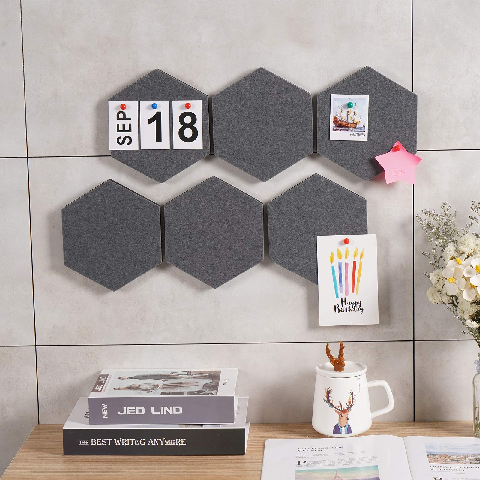 6 azulejos de fieltro hexagonales, tablero de anuncios autoadhesivo, para decoración de pared, tablero de notas para aula, oficina, hogar (gris) 5