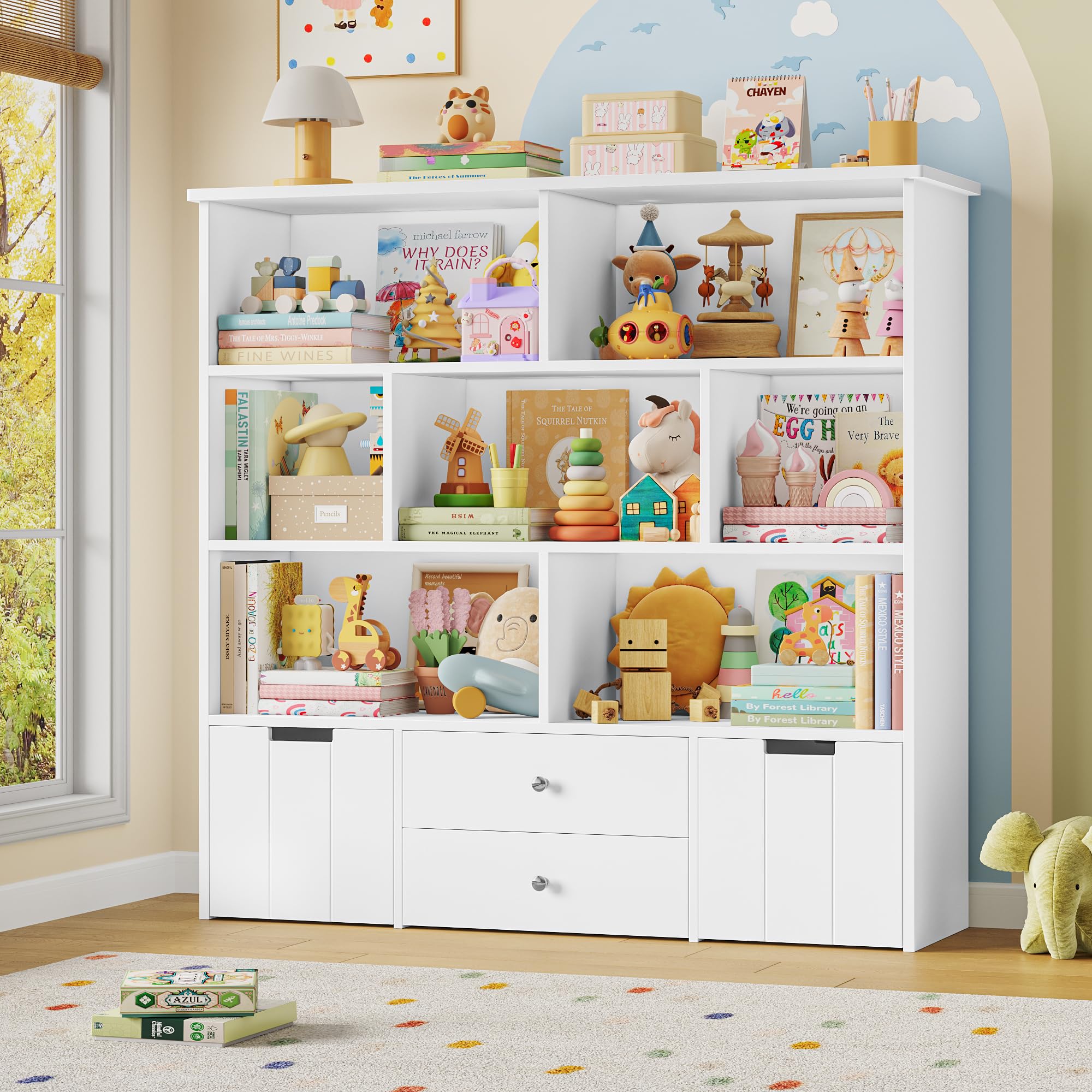 FOREHILL Estanteria Montessori Infantil Mueble Almacenaje Juguetes, Mueble Organizador Juguetes, con 4 Cajones, 7 Compartimentos Abiertos, para Habitación Infantil, Salón, Blanco 125x33x120 cm