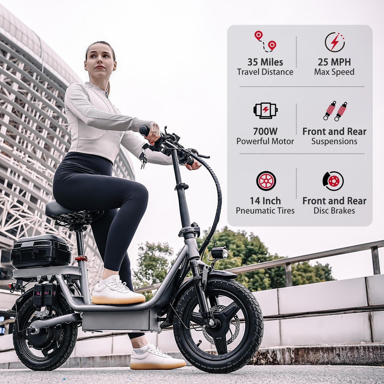 Diagram showing key features and specifications of the X-koala GQ8 Electric Scooter, including 35 miles travel distance, 25 MPH max speed, 700W powerful motor, front and rear suspensions, 14 inch pneumatic tires, and front and rear disc brakes.