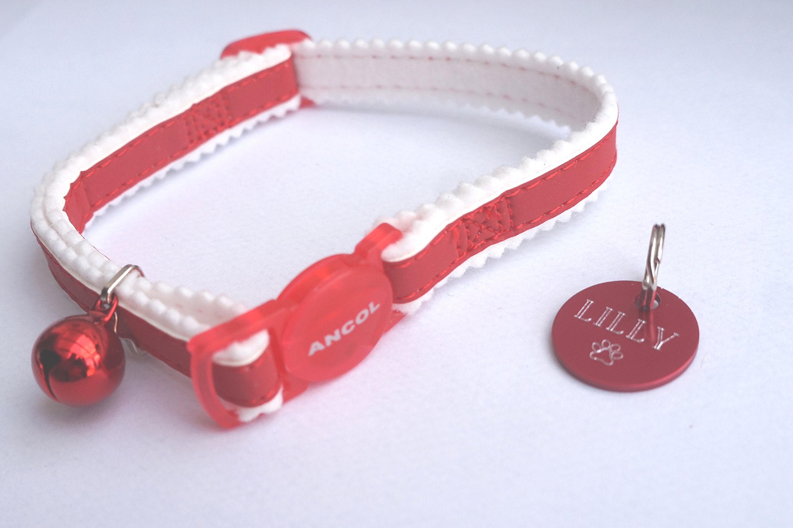 ANCOL RED REFLECTIVE SAEFTY CLIP COLLAR WITH PERSONALISED ENGRAVED MATCHING RED ANODIZED CAT TAG