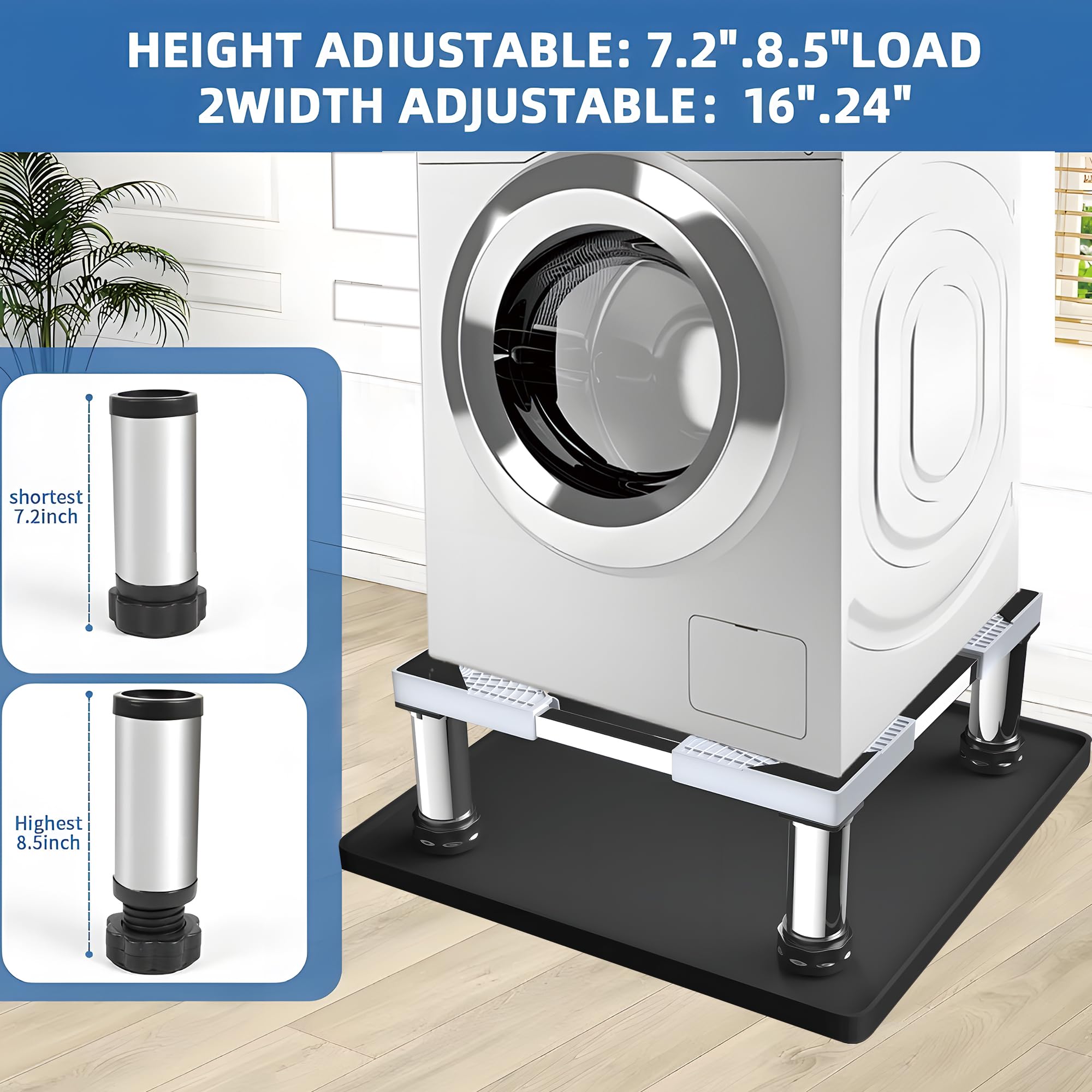 Mini soporte para refrigerador con alfombrilla de silicona, soporte ajustable para refrigerador con 4 pies de acero inoxidable, soporte de refrigerador de 24 x 24 pulgadas, protege de fugas de 3