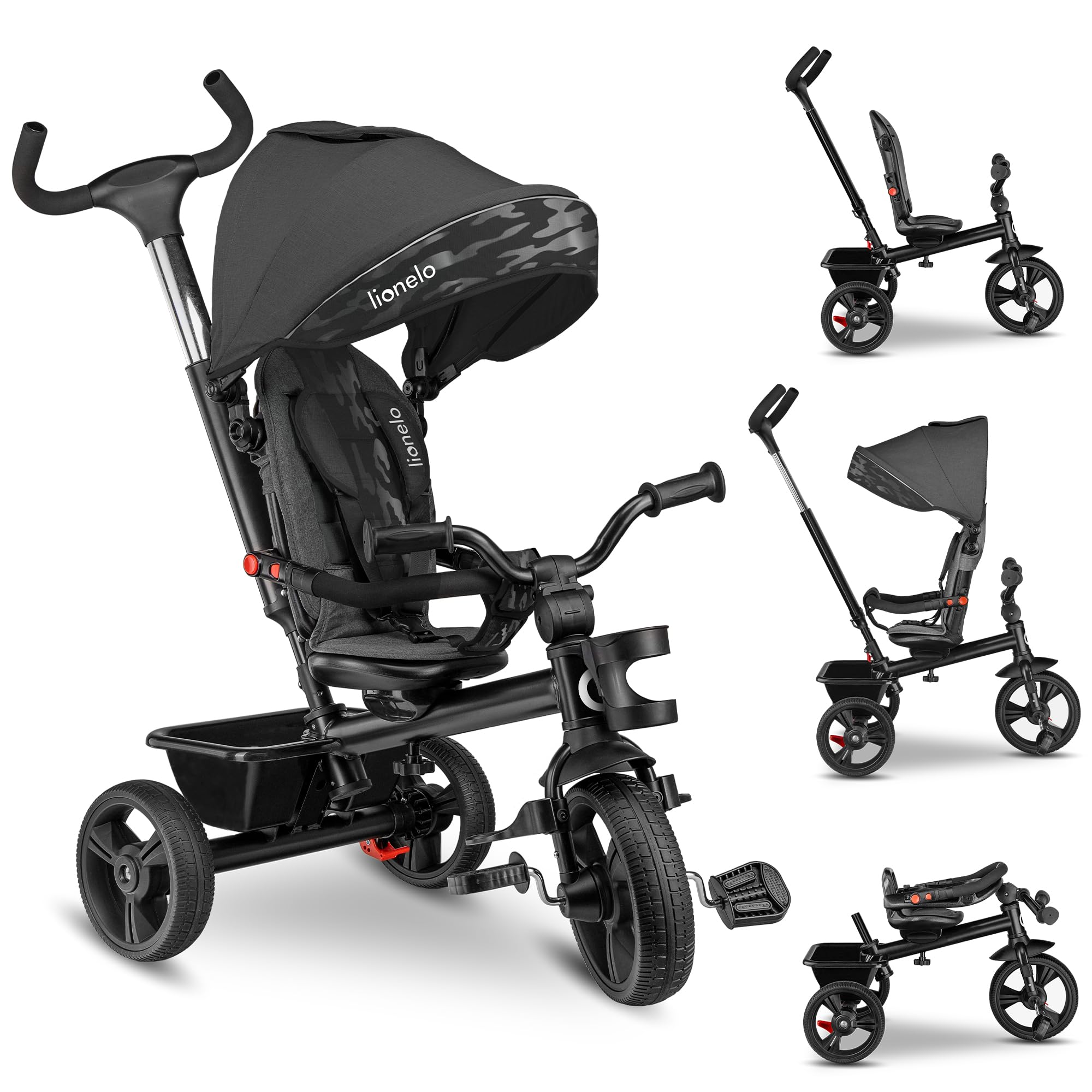 LIONELO Haari Bicicleta 2 en 1 Menores hasta 25 kg 1,5-5 años Triciclo- Carrito Cesta espaciosa, Bolsa y portavasos Cinturones de 3 Puntos con Fundas Toldo Reposapiés Gris