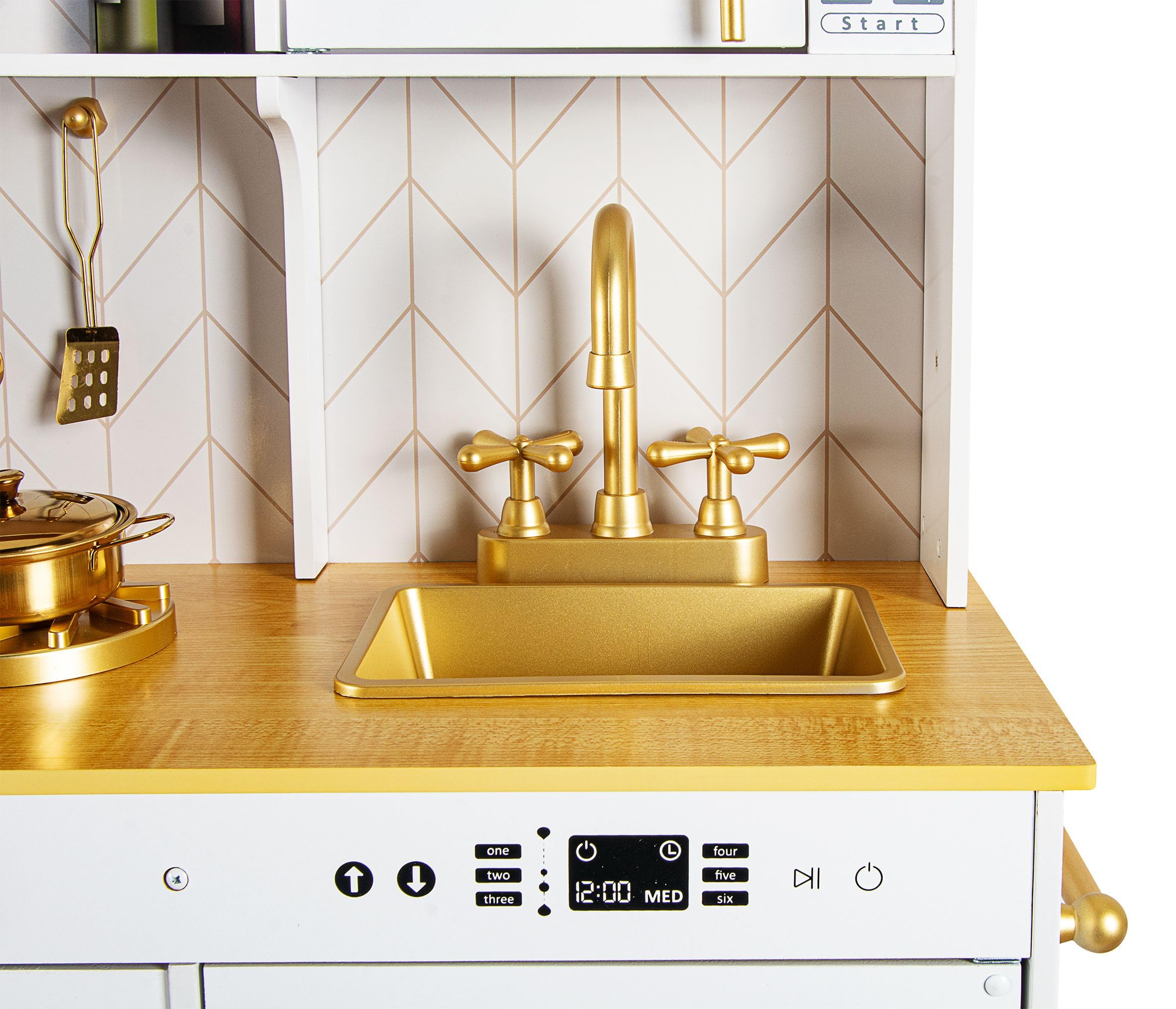 Leomark Kinderküche aus Holz Große Gold Spielküche Holzküche mit Zubehör Spielzeugküche für Kinder Küchenspielzeug ab 3 Jahren Spielspaß für Jungen und Mädchen Küchenset