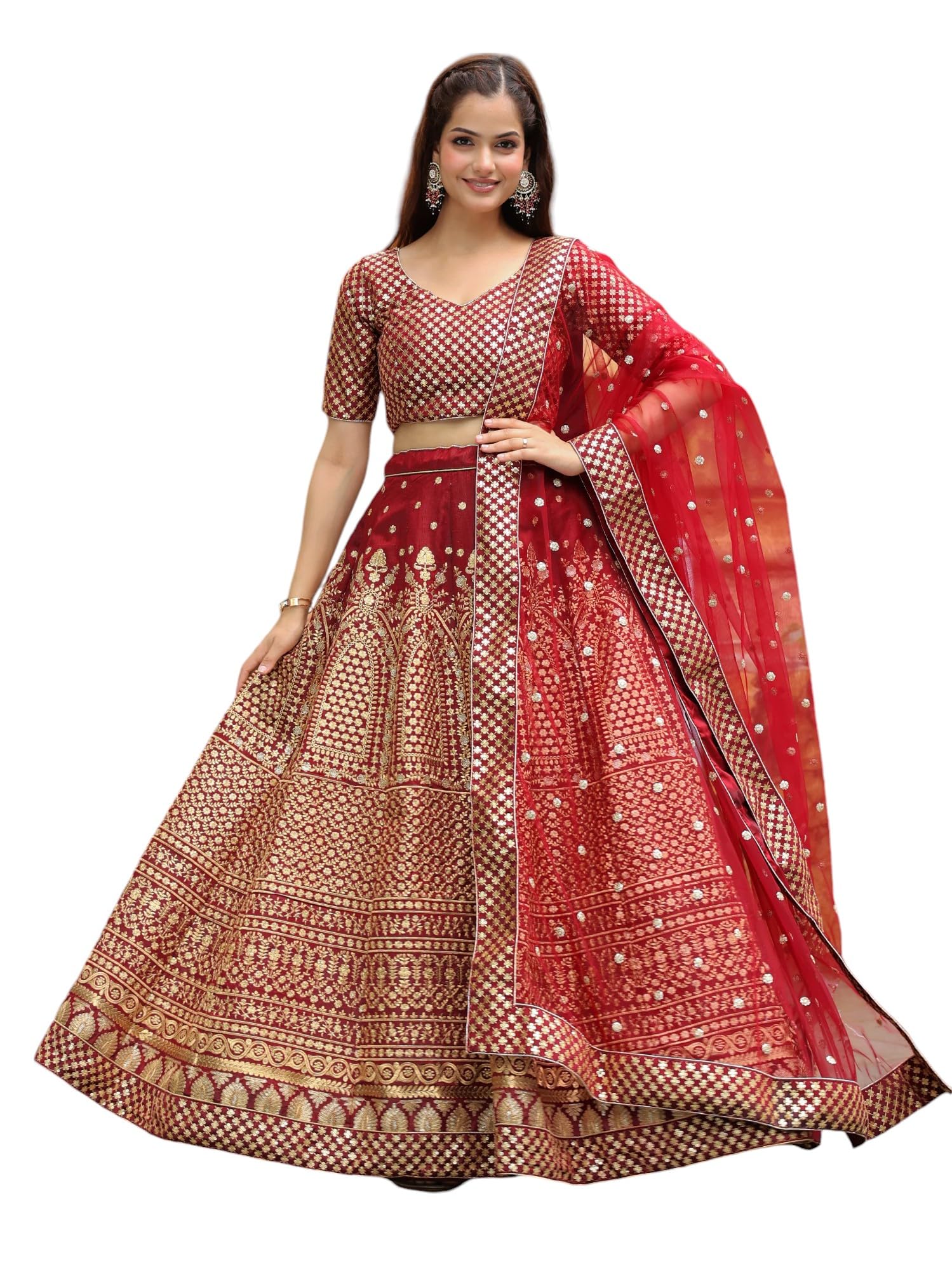 zeel clothing Women's Sequins, Resham Thread And Dori Embroidery Raw Silk Readymade Lehenga Choli With Dupatta (7409-Maroon-Wedding-Stylish-Lehenga-Choli-Latest; Free Size), Red-picture-15
