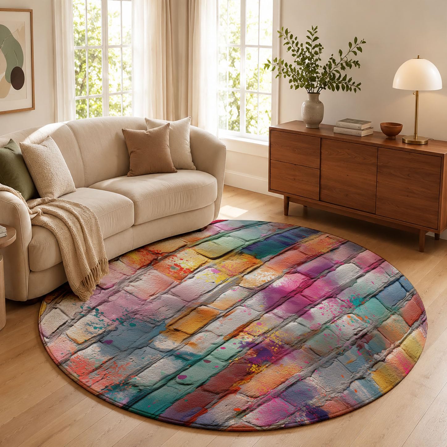 Tapis Rond Lavable Briques Colorées À l'aspect Vieilli 160cm | Tapis Art du Graffiti De Rue Antidérapants Salon Lavable en Machine pour pour Salle à Manger, Entrée, Cuisine, Multicolore