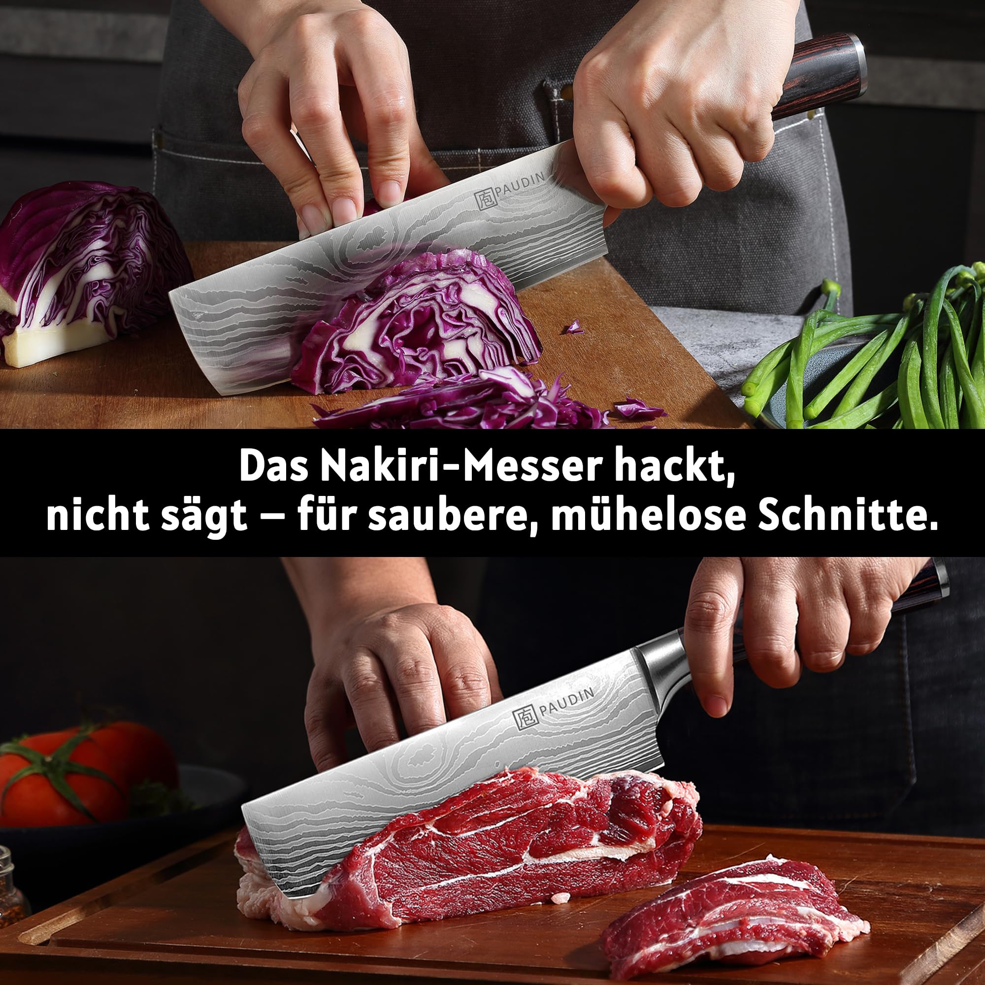 PAUDIN Japanisches Messer, Klingenlänge 17 cm Nariki Messer Hackmesser Kochmesser aus hochwertigem Edelstahl, asiatisches Mehrzweck Küchenmesser für Haus und Küche mit ergonomischem Griff