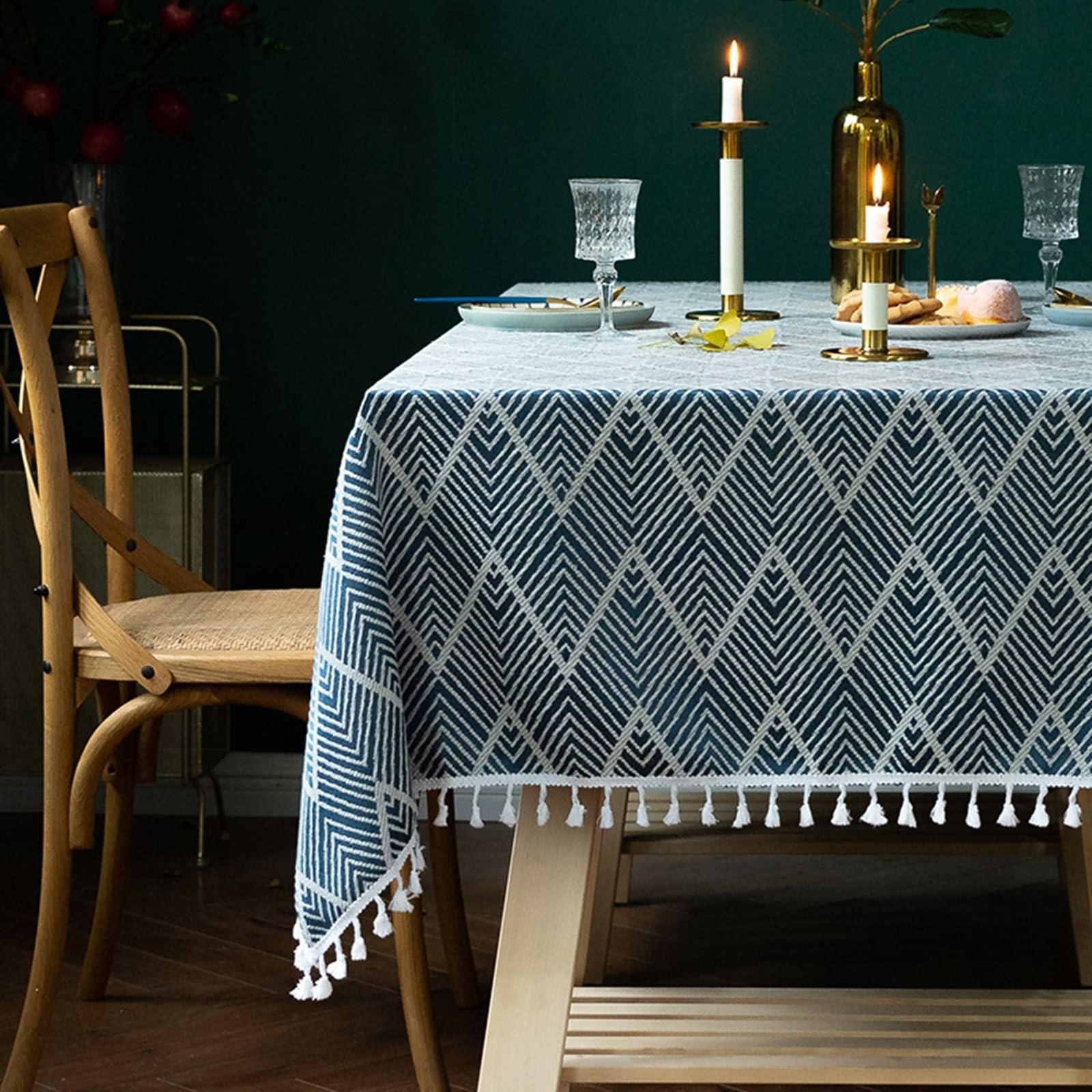 Tovaglia Decorativa Rettangolare, Tovaglie 140 x 240 cm Motivo a strisce ondulate jacquard a spina di pesce con nappa in Poliestere Tovaglia per La Decorazione della Casa CucinaBlu navy