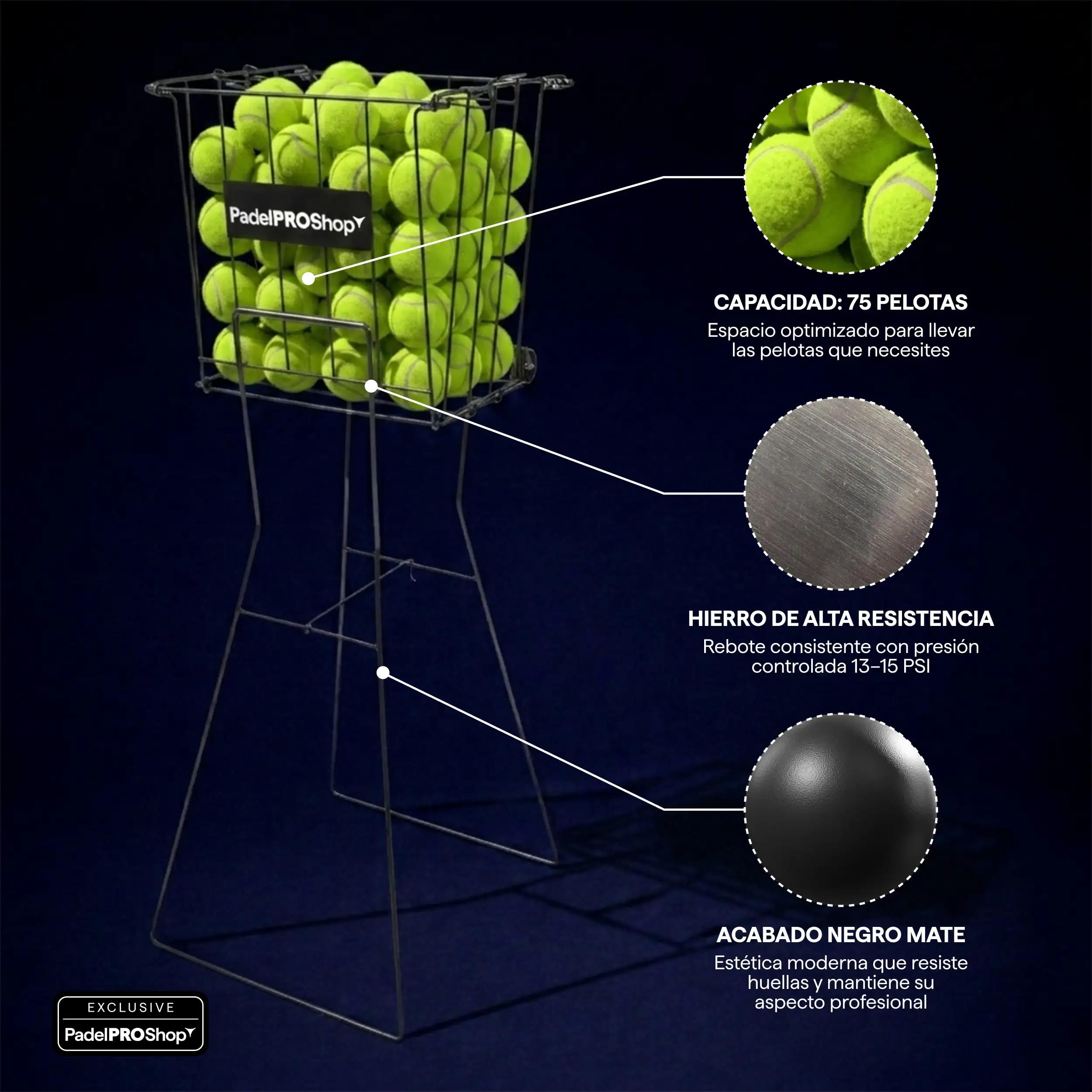 Padel Pro Shop Cesto de Bolas de Pádel 2026 - Carro Metálico de Alta Resistencia, Capacidad 70-80 Bolas, Estructura Robusta Negro Mate para Entrenamiento Profesional