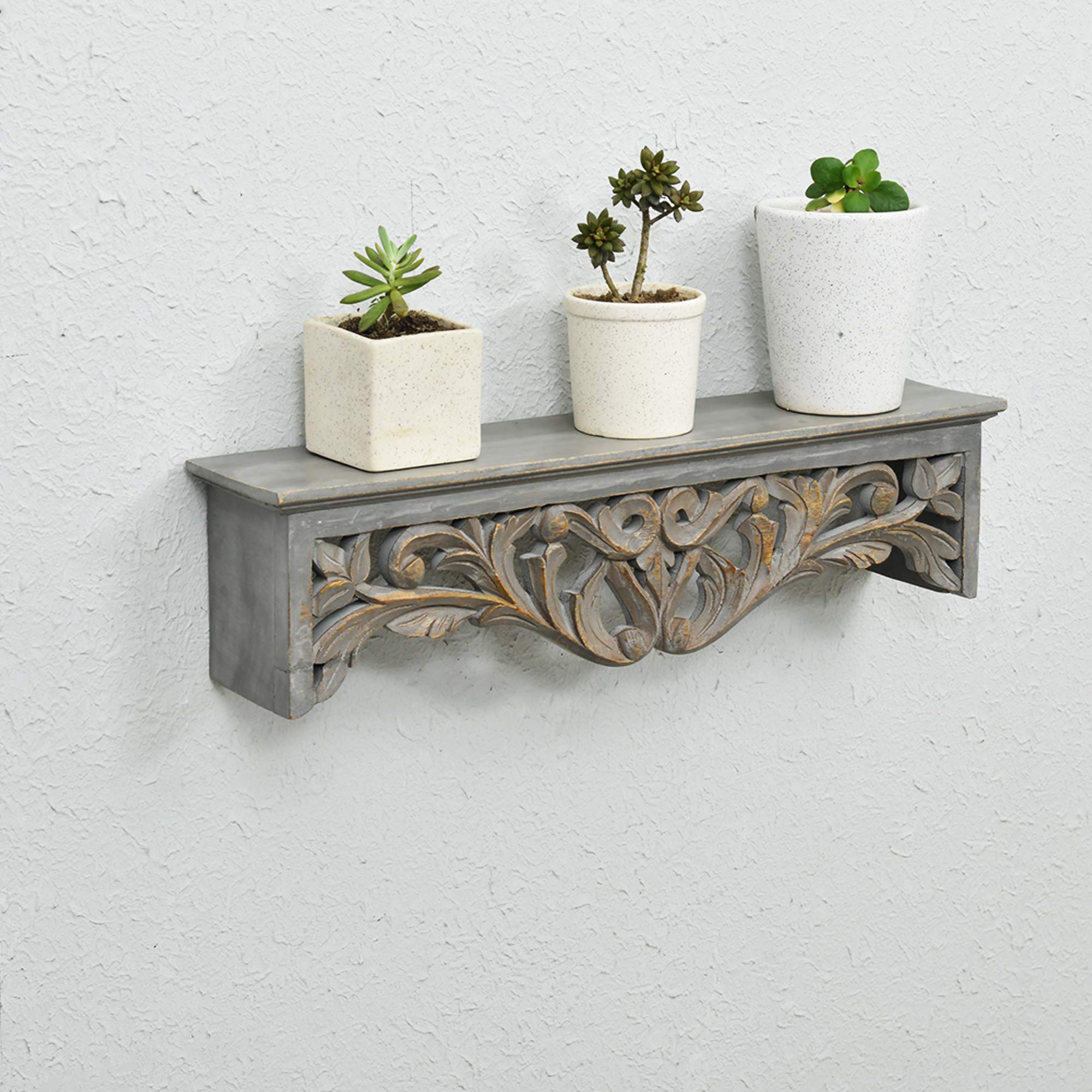 WOODENCLAVE Hand Carved Solid Wood Flower Design Wall Mounted Floating Shelf Wall Bracket Shelves for Home Living Room Décor (Distressed Grey)-image-22