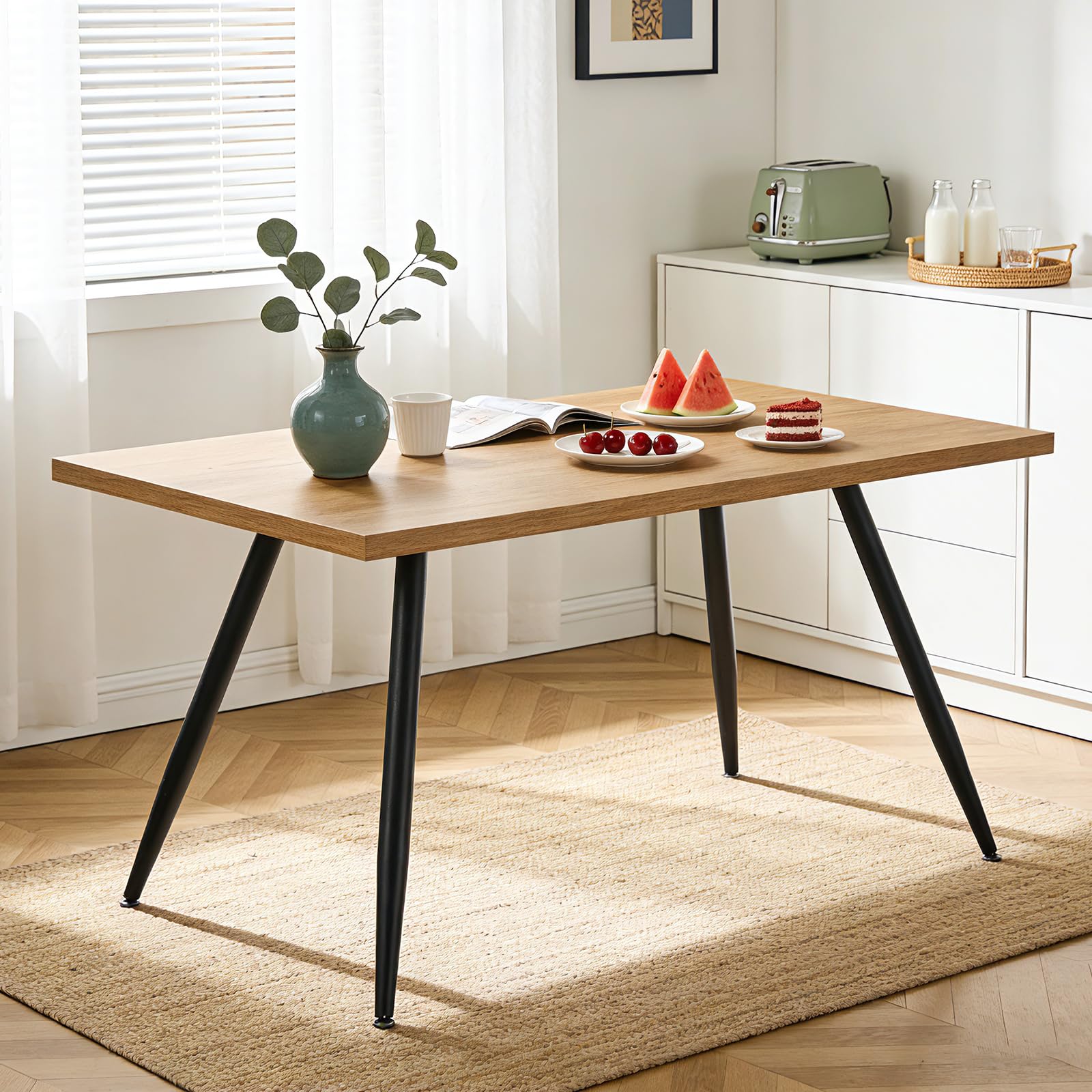 JaHECOME 150cm Dining Table Oak Marble Effect Top for 4-6 People Kitchen Table with Sturdy Metal Legs Rectangular Shape(150 x 90 x 76)