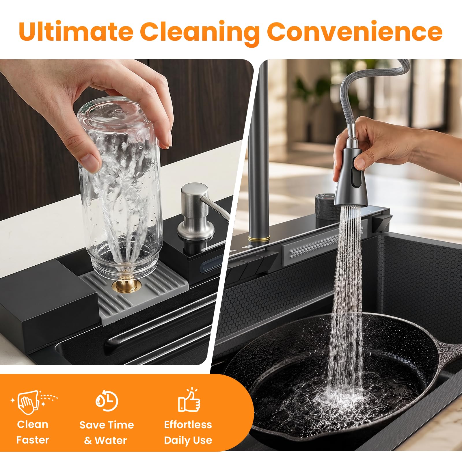 Fregadero de cocina, fregadero 1 cuenco, fregadero de cocina, fregadero de cocina con sifón, rebosadero y desagüe, cascada moderna multifuncional con juego de accesorios, 80 x 45 x 23 cm