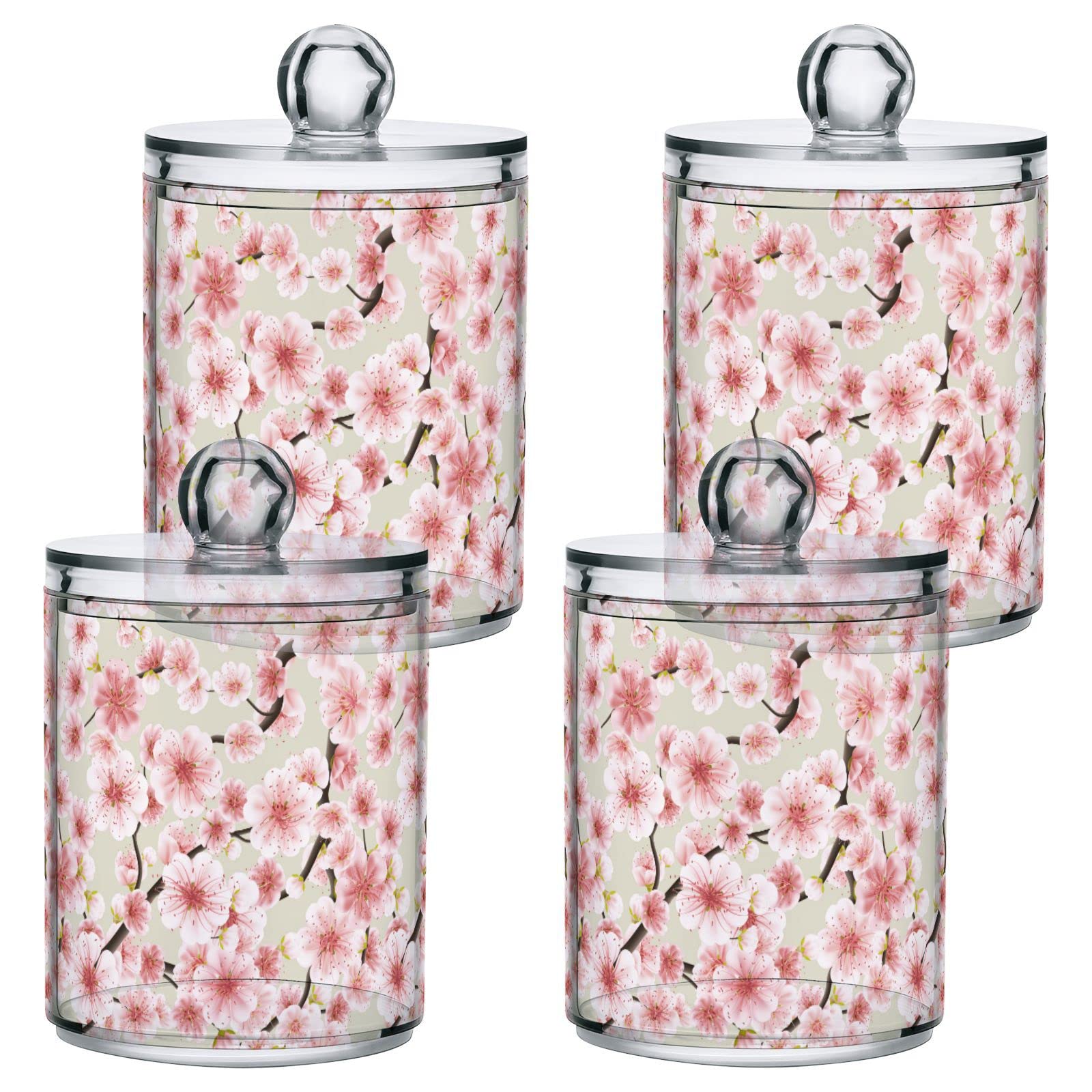 JUNZAN Pink Cherry Blossom 2 pcs Qtips Holder Apothecary Jar Plastic Can with Lids Storage Canister Bathroom Container for Cotton Ball Cotton Swab Floss
