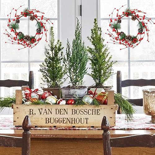 Miniatura 2 de Corona de Navidad artificial de 12 pulgadas, hecha a mano de ratán para colgar en la puerta de Navidad con bayas rojas, conos de pino para