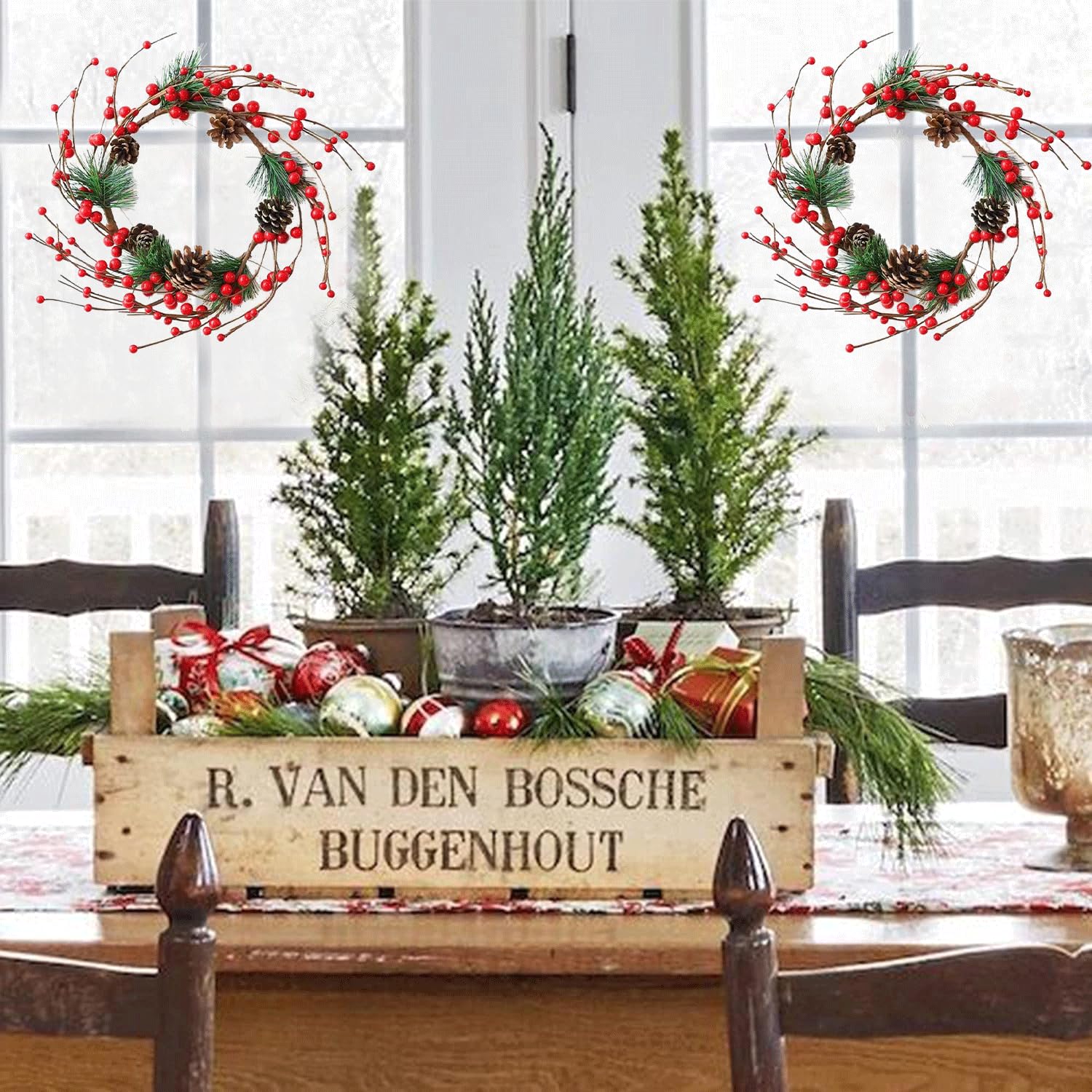 Künstlicher Weihnachtskranz, 30,5 cm, 2 Stück, handgefertigt, Rattan, kleine Weihnachtstür, zum Aufhängen mit roten Beeren, Tannenzapfen für drinnen und draußen, DIY-Weihnachtsdekoration, Wand,