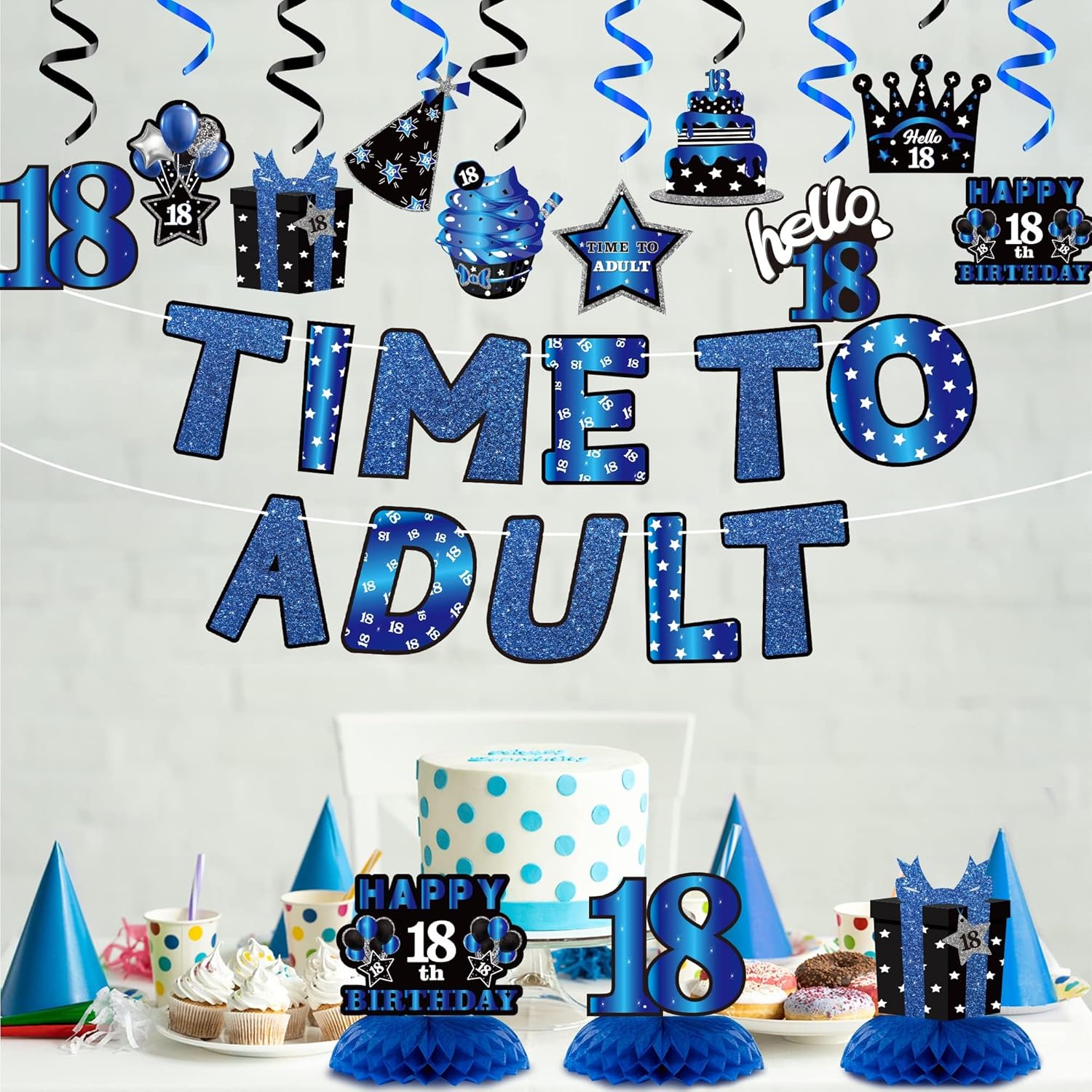 WATINC Happy 18th Birthday Decoration - 26pcs Hello 18 Year Old Bday Party Decor for Boy Girls Him, Time to Adult Blue Black Banner Hanging Swirls Honeycomb Centerpieces Party Favor Set