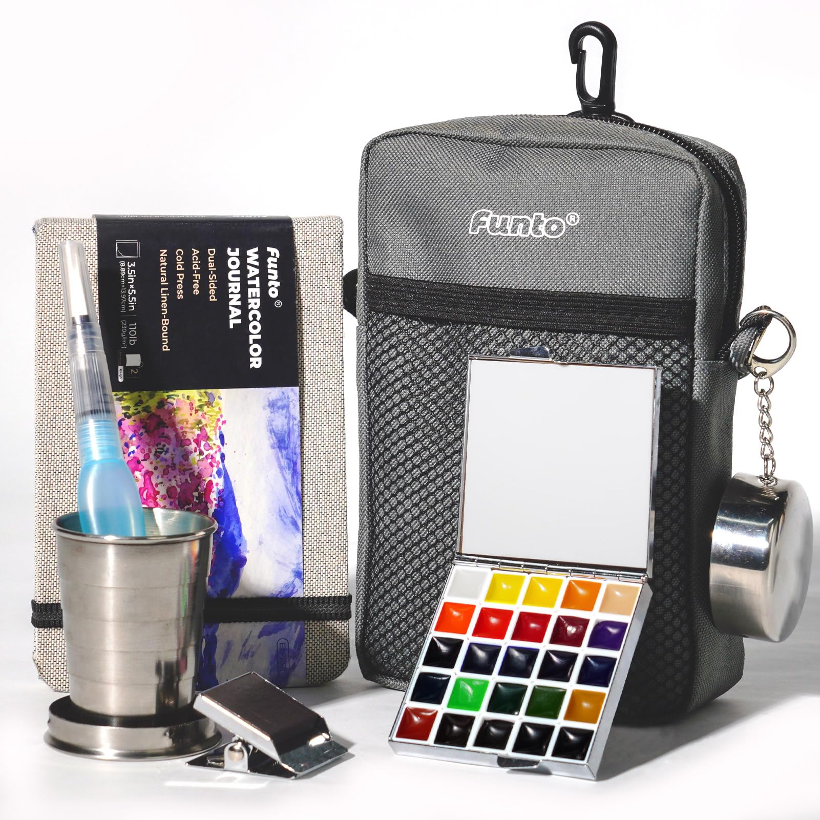 Funto Pocket Watercolor Paint Set, Reisverf Set, met 9 kleuren, leren schouderbandtas