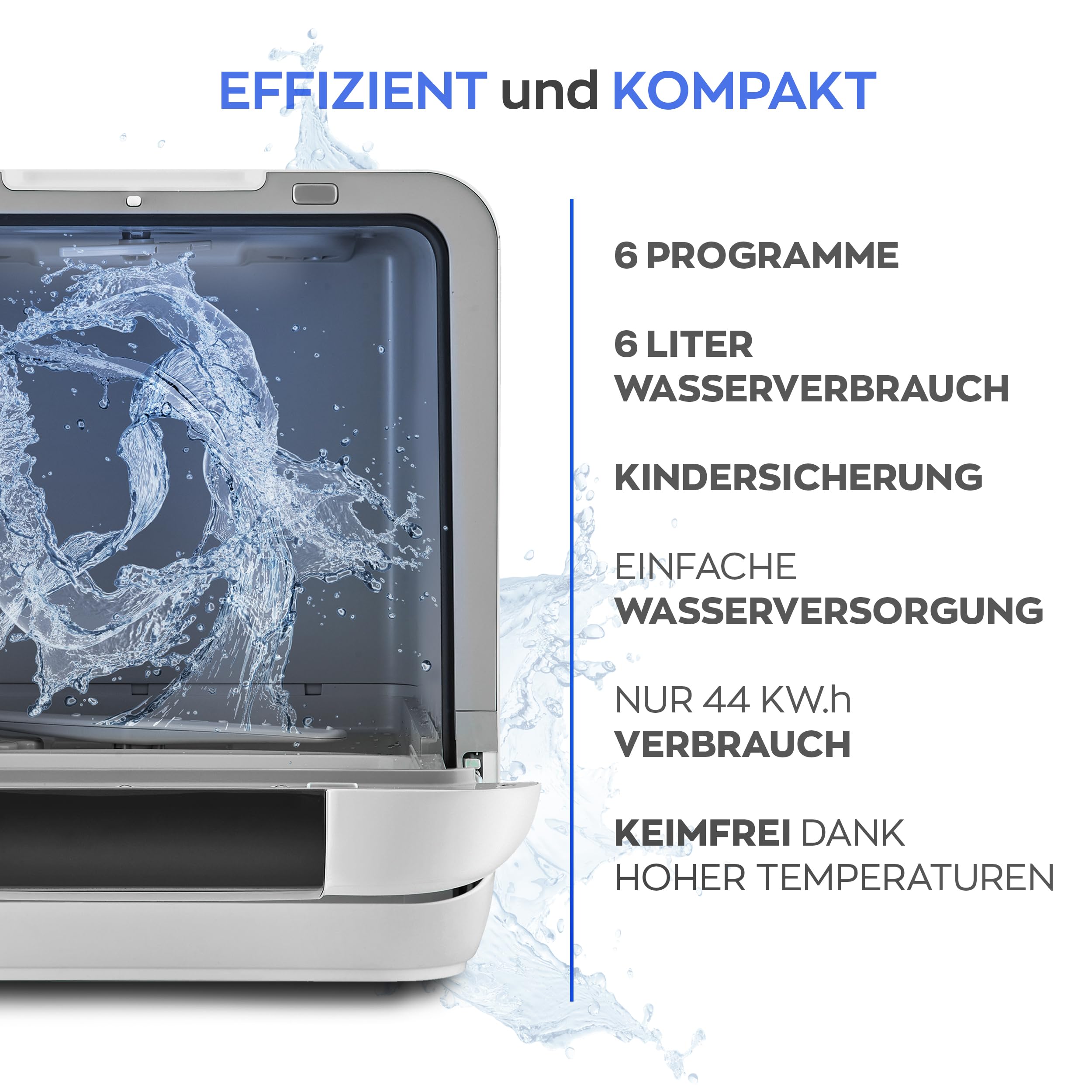 HEINRICH´S tragbarer Mini Geschirrspüler, Spülmaschine, Tischgeschirrspüler mit 6L Wassertank, mit oder ohne Wasseranschluss nutzbar, klein+ freistehend für Büro, Camping/Wohnmobil, 6 Programme