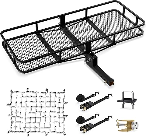 Hitch Cargo Carrier Basket Combo 60" x 24" x 6" 500 LBS Capacity Vehicle Baskets Fits 2" Receiver with Hitch Stabilizer, Cargo Net and Ratchet Straps