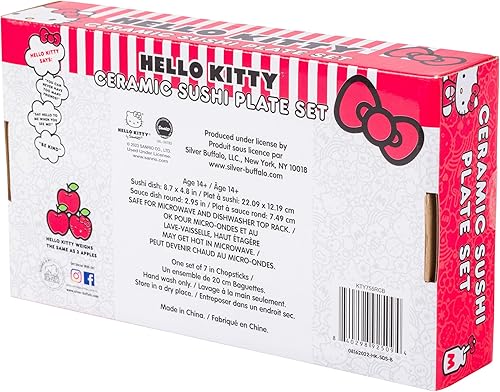 Miniatura 7 de Silver Buffalo Sanrio Hello Kitty - Juego de sushi de cerámica con lazo rojo y blanco con plato de salsa y palillos a juego