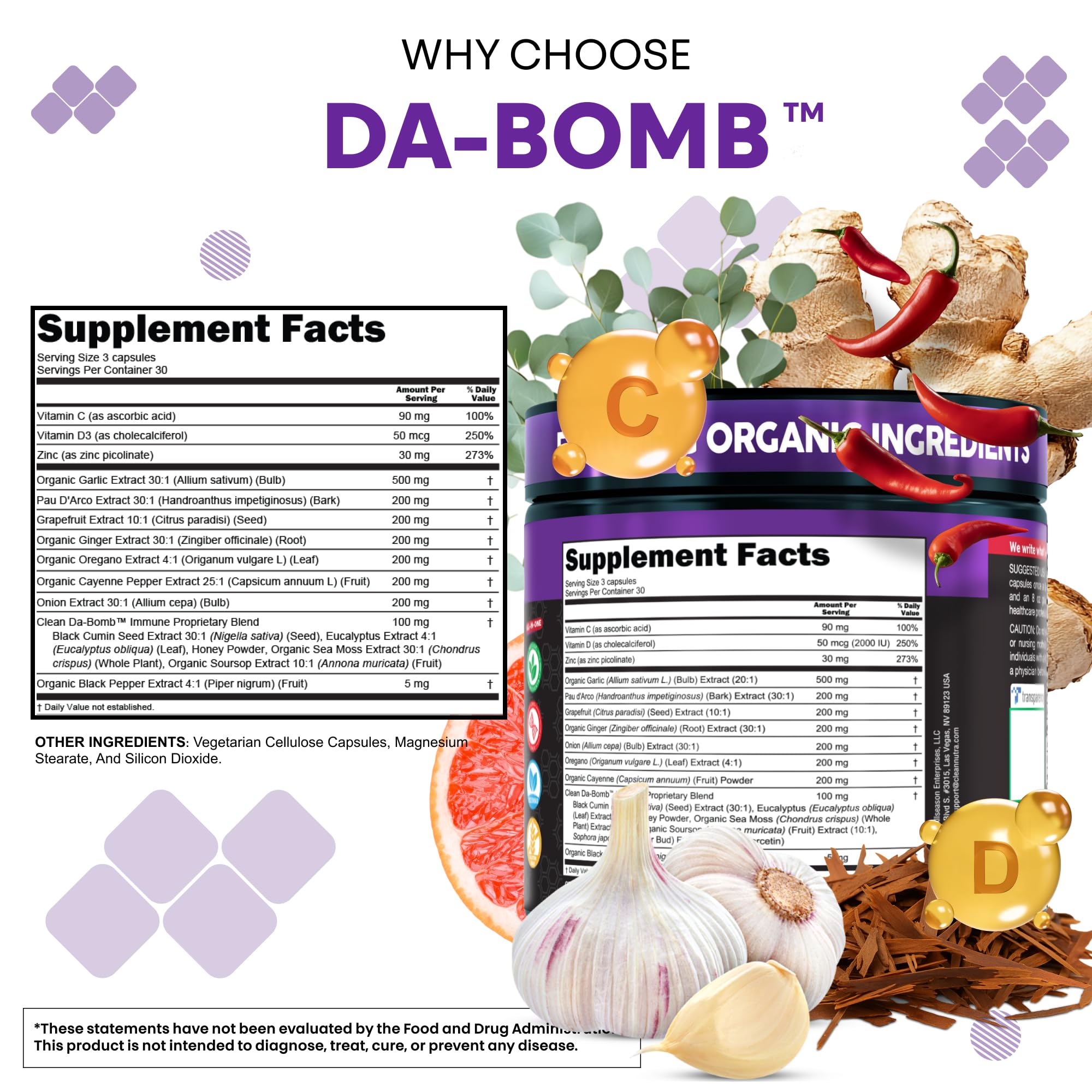 Organic Immune Support with PAU D'Arco Garlic Cayenne Pepper Oregano Ginger Grapefruit Onion Black Seed Sea Moss Black Pepper Zinc Eucalyptus Vitamin C Vitamin D Organic Soursop By Clean Nutra — Amazon image 5