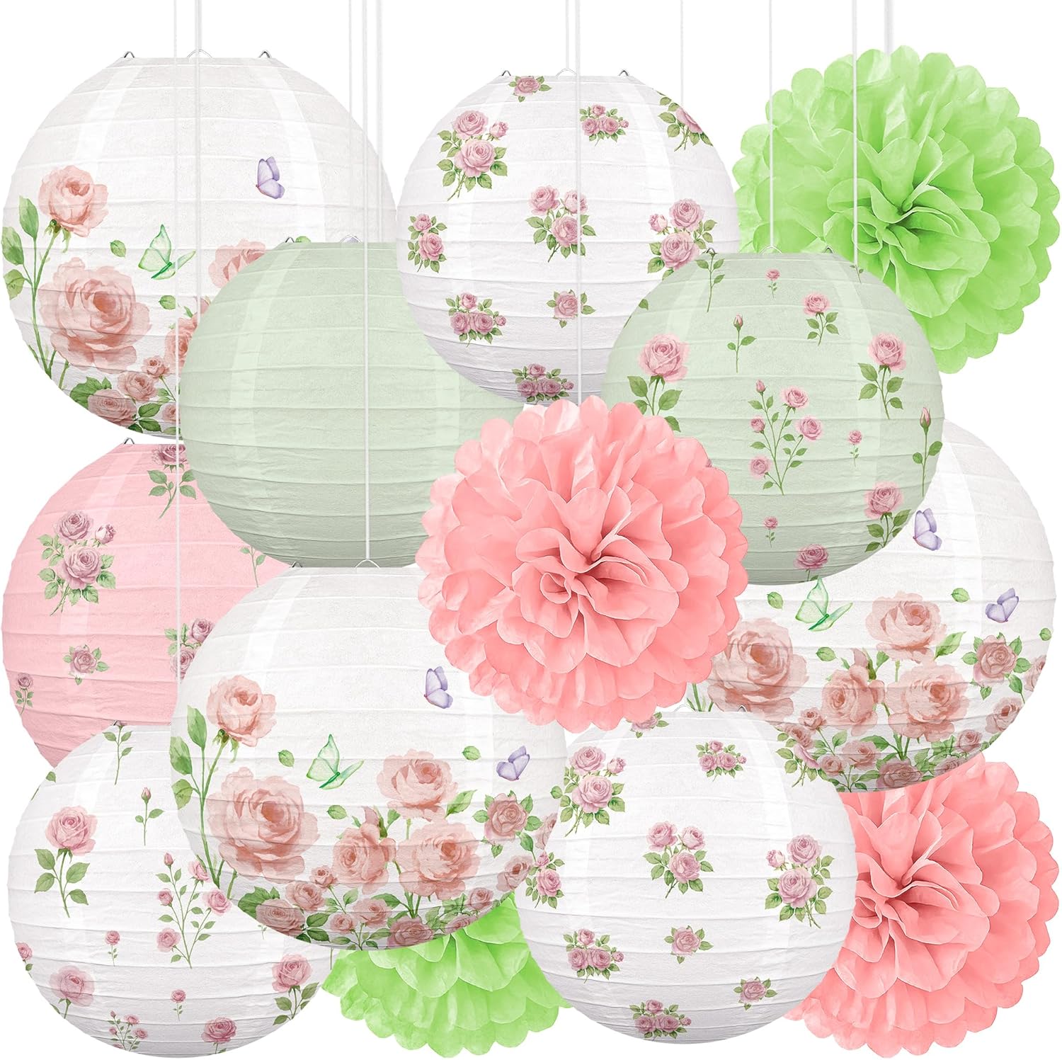 13PCS Spring Wildflower Bridal Shower Party Decorations Rose Paper Lanterns Pom Poms Valentines Day Garden Home Indoor Outdoor Decor