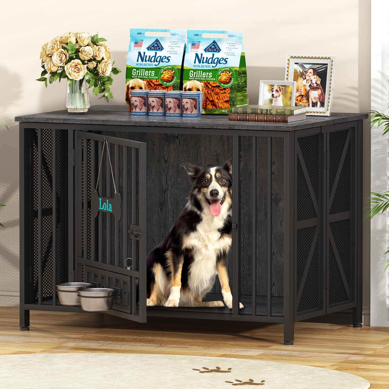 Easycom 41.3''Assembly-Free Dog Crate, Dog Kennel with Tag &amp; Bowls (DC107)