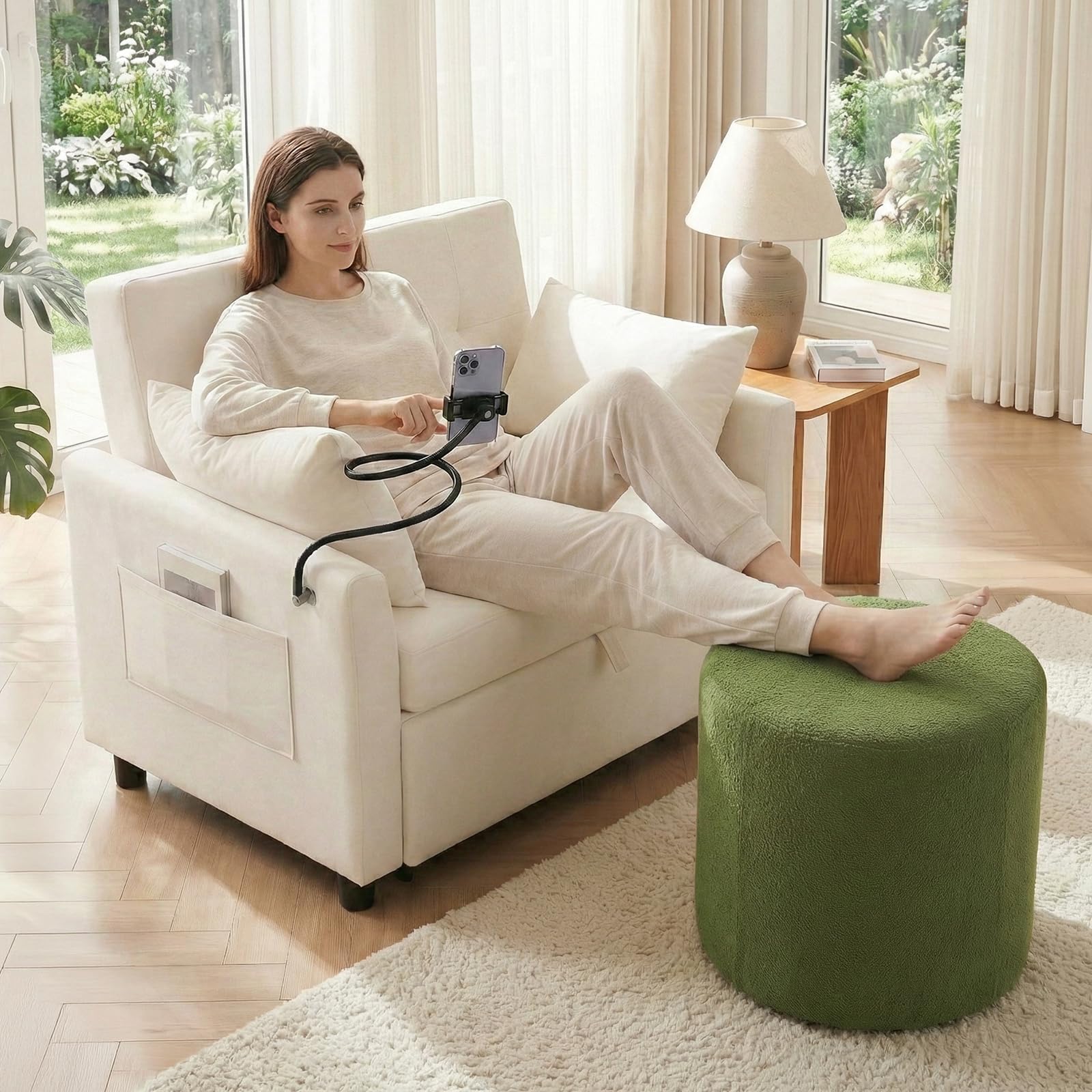 Round Stuffed Pouf Ottoman with Convertible Pull Out Sleeper Couch Sofa Bed Furry and Fluffy Pouf Foot Stool
