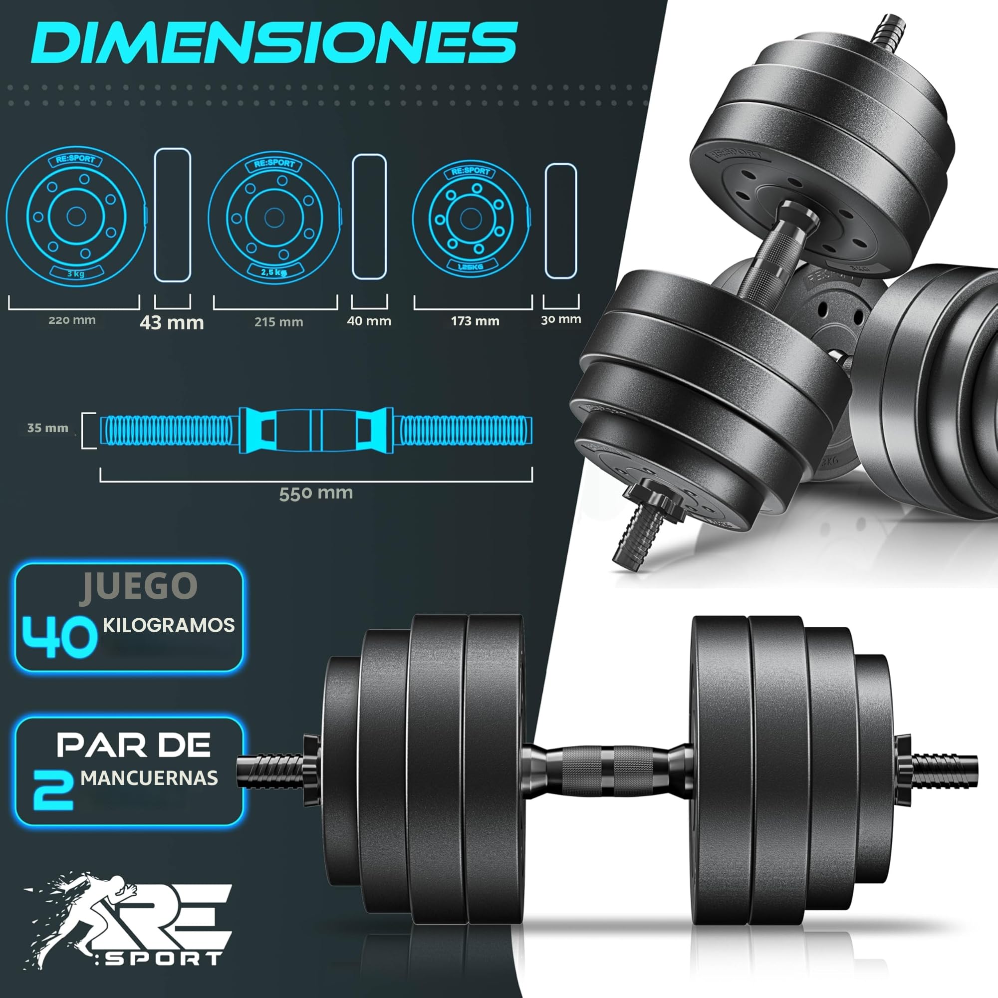 RE:SPORT Juego de 2 Mancuernas ajustables 15/20/30/40 kg con pesas y 4 cierres de estrella | Set de pesas para fitness, musculación, entrenamiento de fuerza y gimnasio en casa