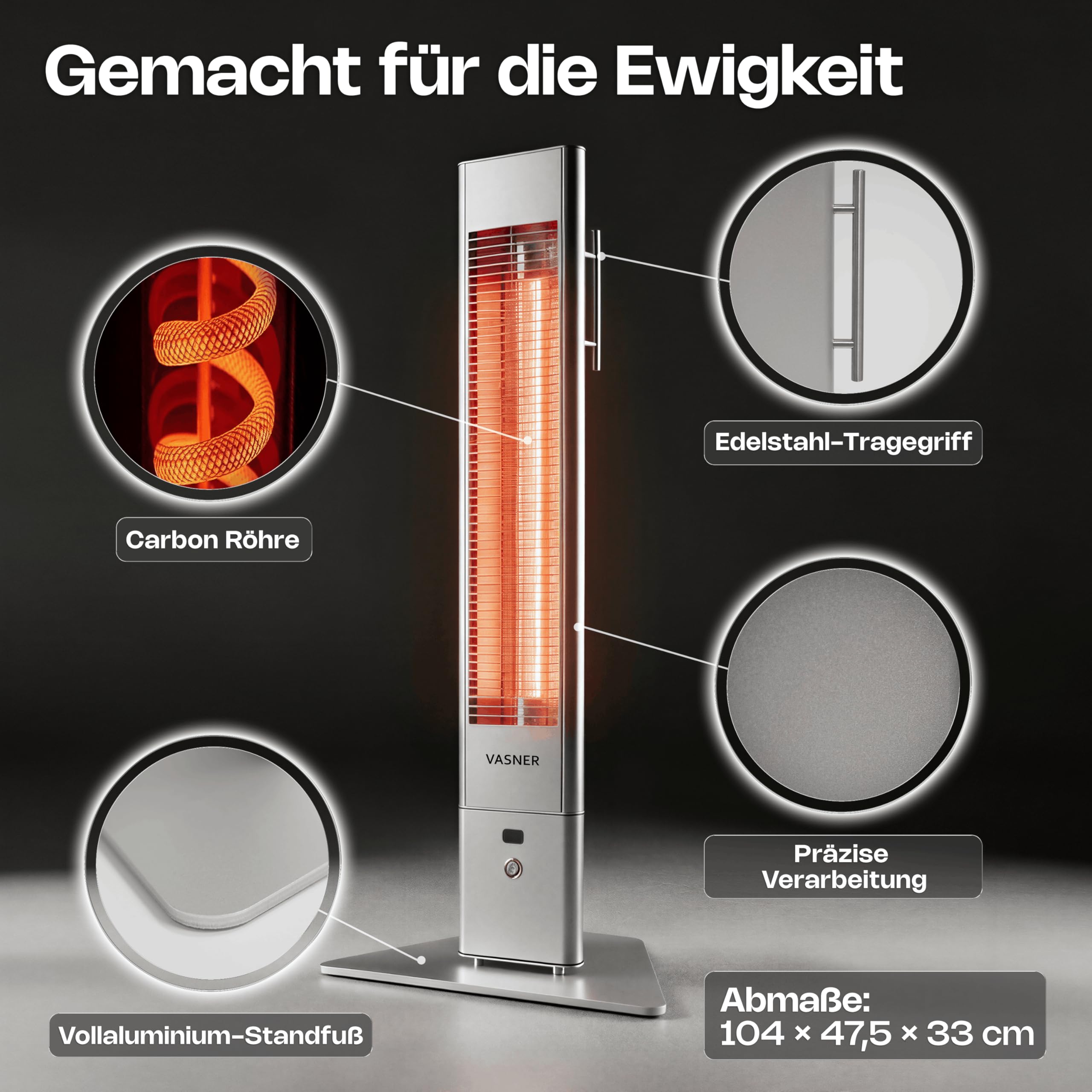 VASNER HeatTower Infrarot Heizstrahler Terrasse 2500 Watt 4 Heizstufen Standheizstrahler elektrisch mit Fernbedienung IP65 Schutz für Outdoor oder Bad