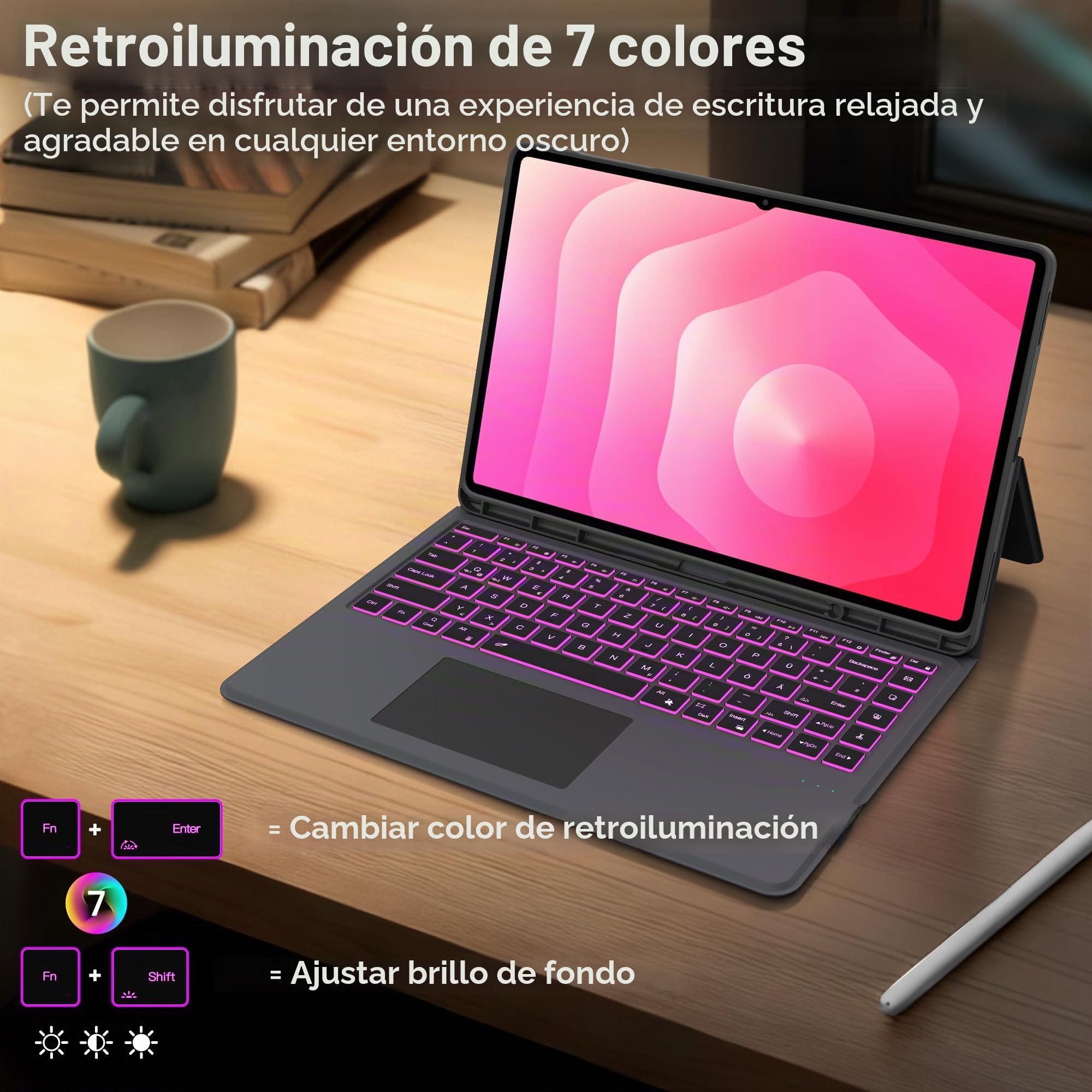 Funda con teclado para Samsung Galaxy Tab S11 Ultra/S10 Ultra/S9 Ultra/S8 Ultra de 14,6 pulgadas con teclado - 7 colores iluminados Folio Tablet Cover con panel táctil -Teclado QWERTZ alemán con