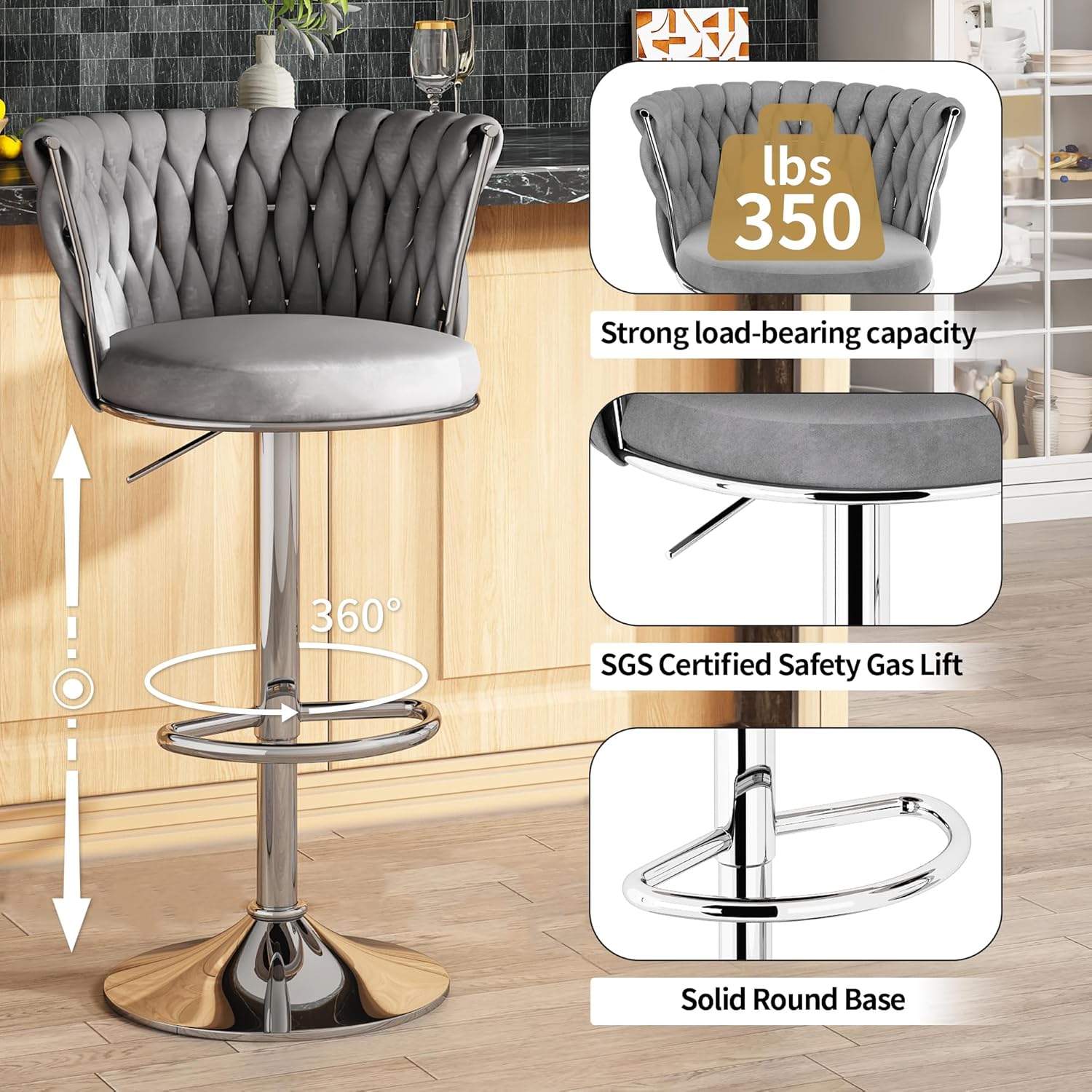 AWQM Velvet Bar Stool Set of 2,Counter Height Barstools Adjustable Kitchen Island Chairs,Swivel Bar Stool Upholstered Bar Chairs Counter Stool with Back & Footrest, Grey