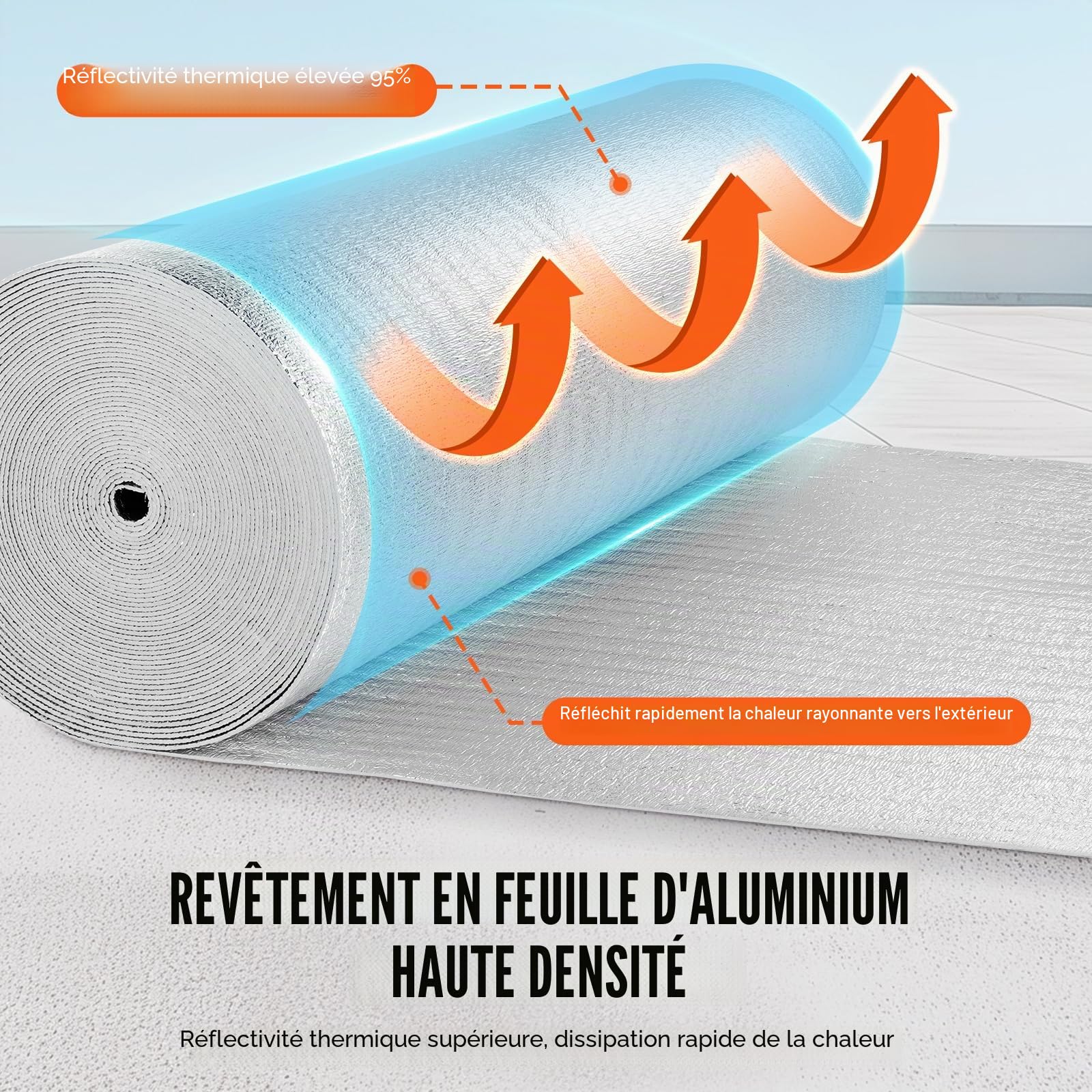 VEVOR Isolant thermique double réfléchissant, 30,48 x 1,22 m, rouleau d'isolation barrière radiante, noyau en mousse EPE, 3,2 mm, feuille d'aluminium double face, pour fenêtre, toit de camping-car