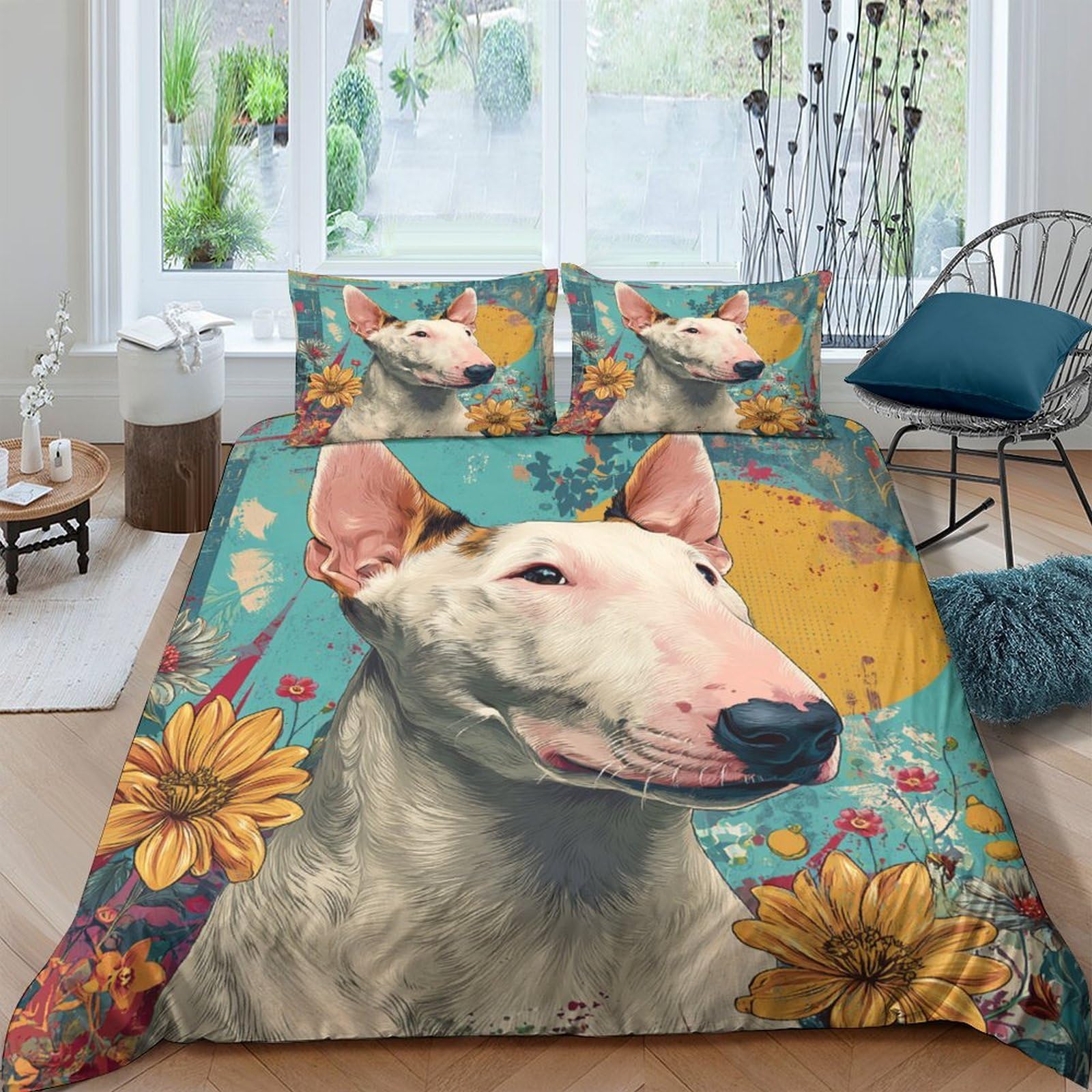 Ctjqhvkz Style-10 3D Printed Bull Terrier Dog Art Fitted Sheet Microfiber Soft Yellow Flower Bed Cover Bedroom Dorm Decor Single（135X200cm）