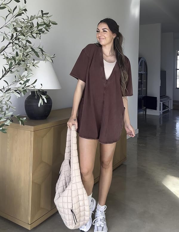 UANEO Rompers for Women Casual Oversized Athletic Jumpsuits Overalls Workout Hot Shot Tee Romper (Brown-XS) by UANEO - Used condition - Image 5