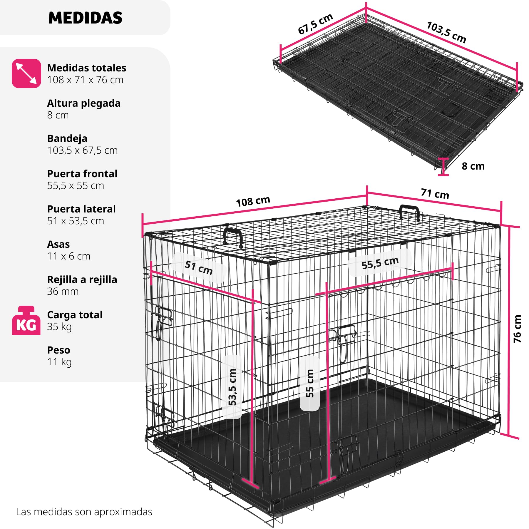 tectake® Jaula para Perros Plegable 108 x 71 x 76 cm con 2 Asas de Transporte, Resistente, Plegable Doble Puerta con Cierre y Bandeja Extraíble, Transportin Mediano Perro, Fácil Limpieza - L
