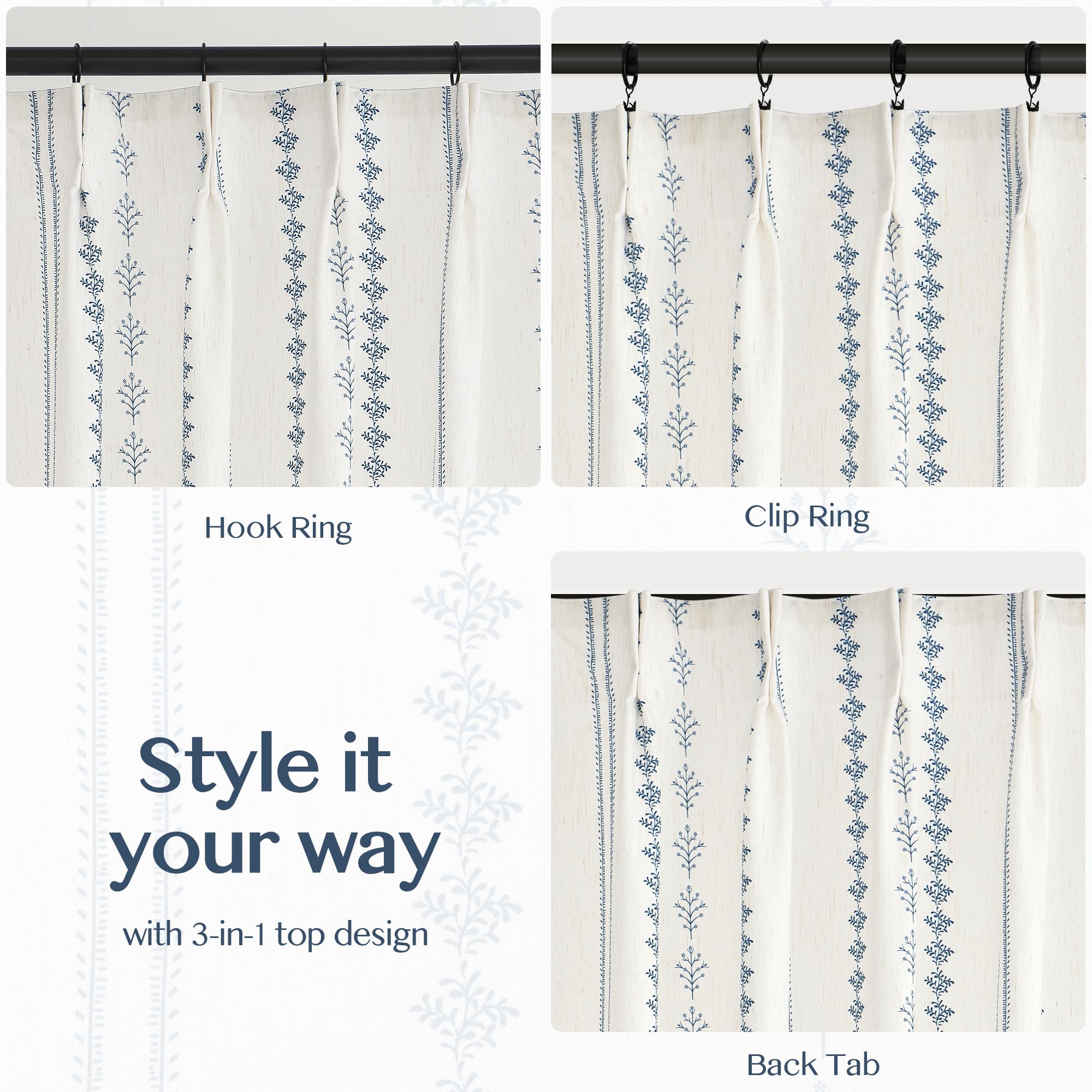Navy Blue Floral Curtains - Vintage Farmhouse Drapes -8