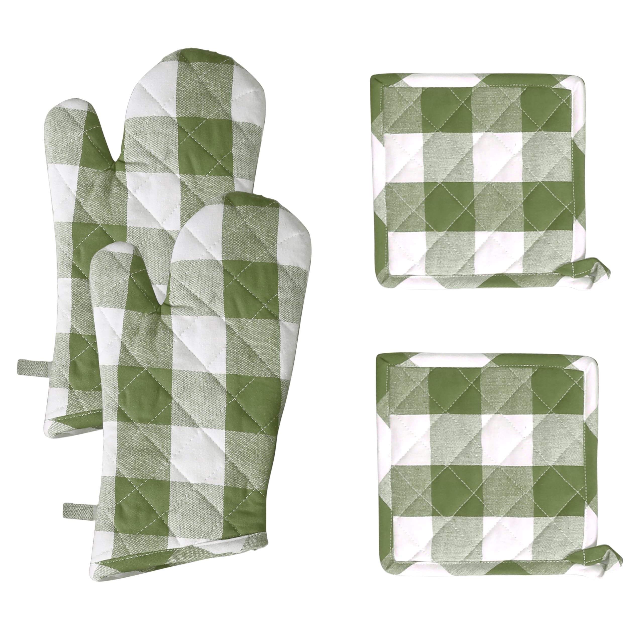 Native Fab Buffalo - Juego de 4 manoplas de horno y soportes para ollas, 100% algodón, resistentes al calor, 2 guantes de horno (7 x 13), 2 soportes para ollas (8 x 8) para cocinar y hornear, verde