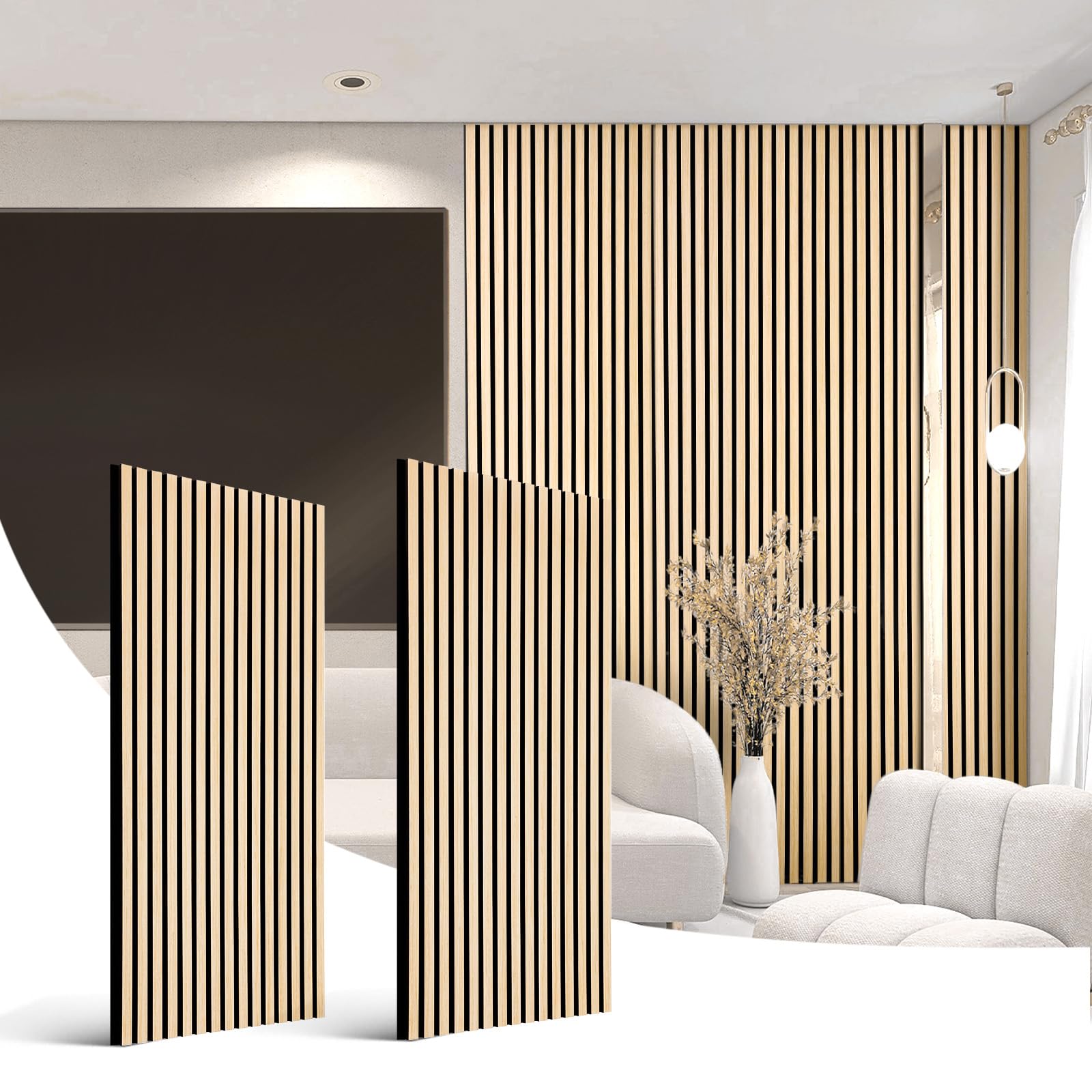 Acoustic Wood Slat Panels for Wall and Ceiling, 2 Pcs Soundproof Wooden Boards, 3D Noise Sound Dampening Decoration 47.2”x23.8” - Oak