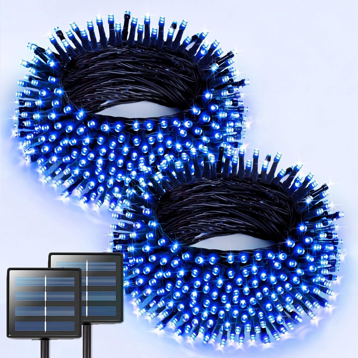 2 paquete mejorado cuerda de luz de Navidad solar, 12M 100LED/USB Outdoor luz cuerda control remoto 8 modos impermeable para árboles valla del patio decoración de la fiesta (Azul)
