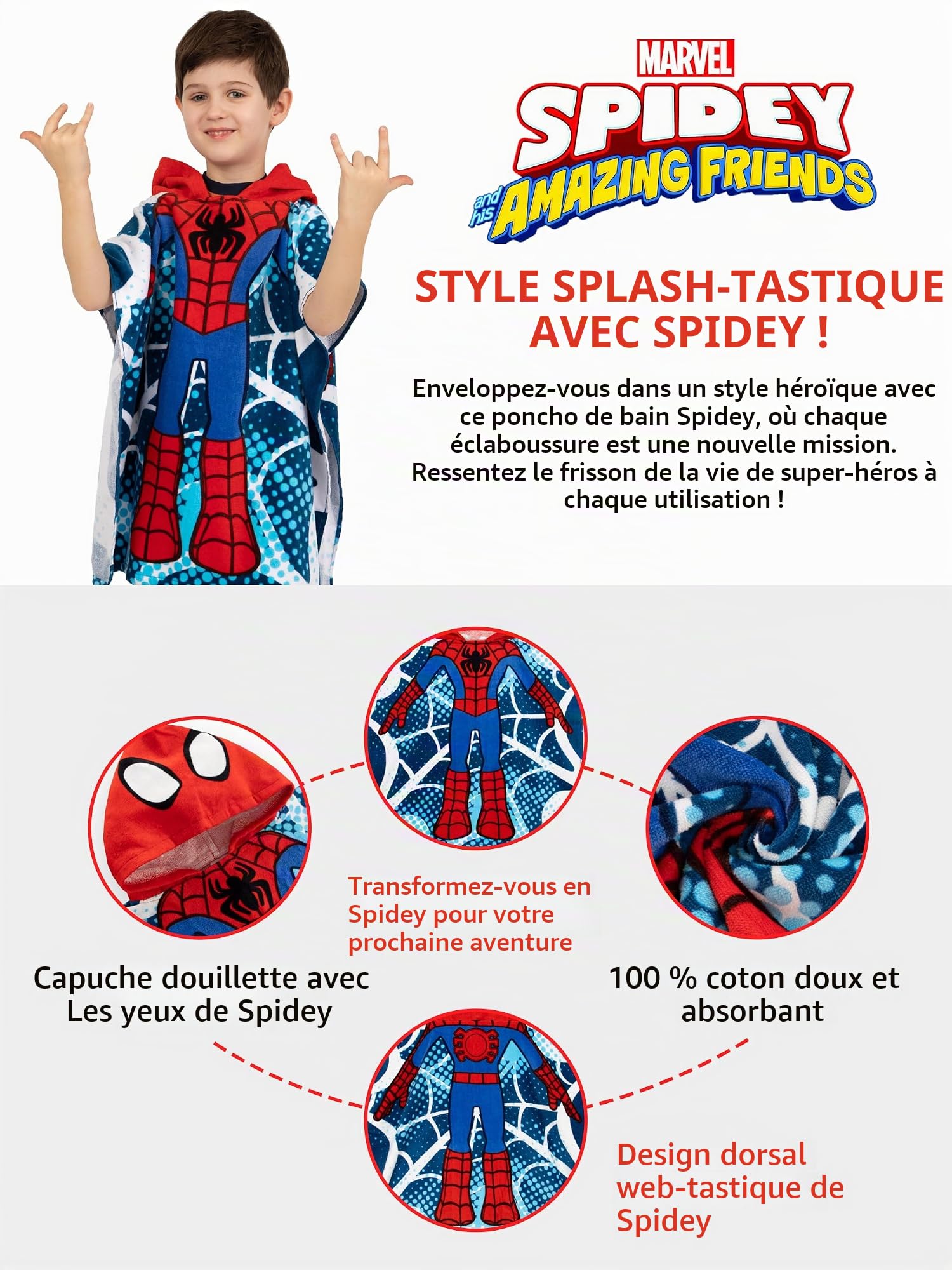 Marvel Poncho De Bain Enfant, Serviette Piscine Enfant Spiderman, Serviette De Plage Capuche Spidey, Taille Unique Bleu