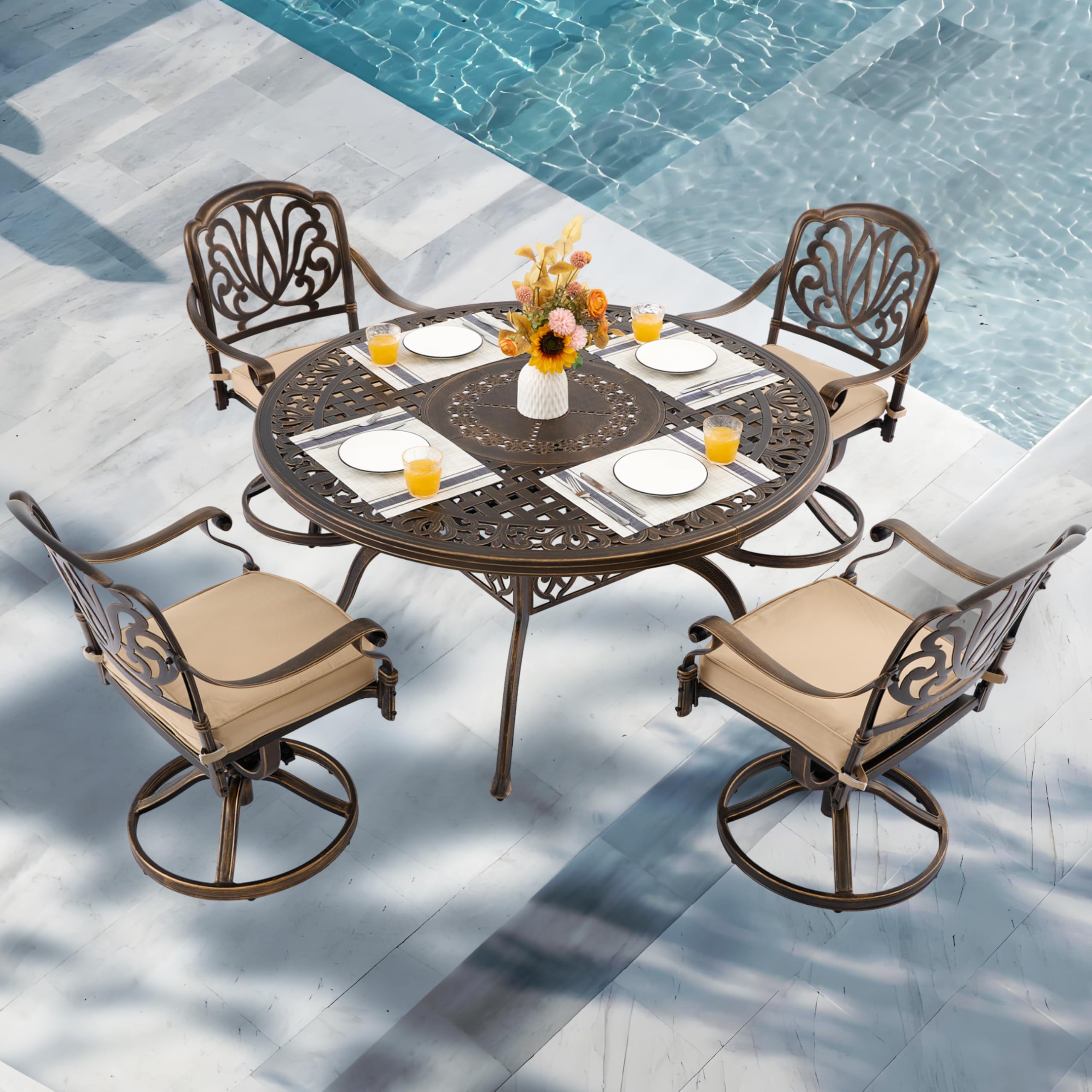 Attliahome 5-Piece Cast Aluminum Outdoor Table and Chairs, Classic Vintage Patio Dining Set for 4 Include 54.5" Round Dining Table and 4 Swivel Chairs