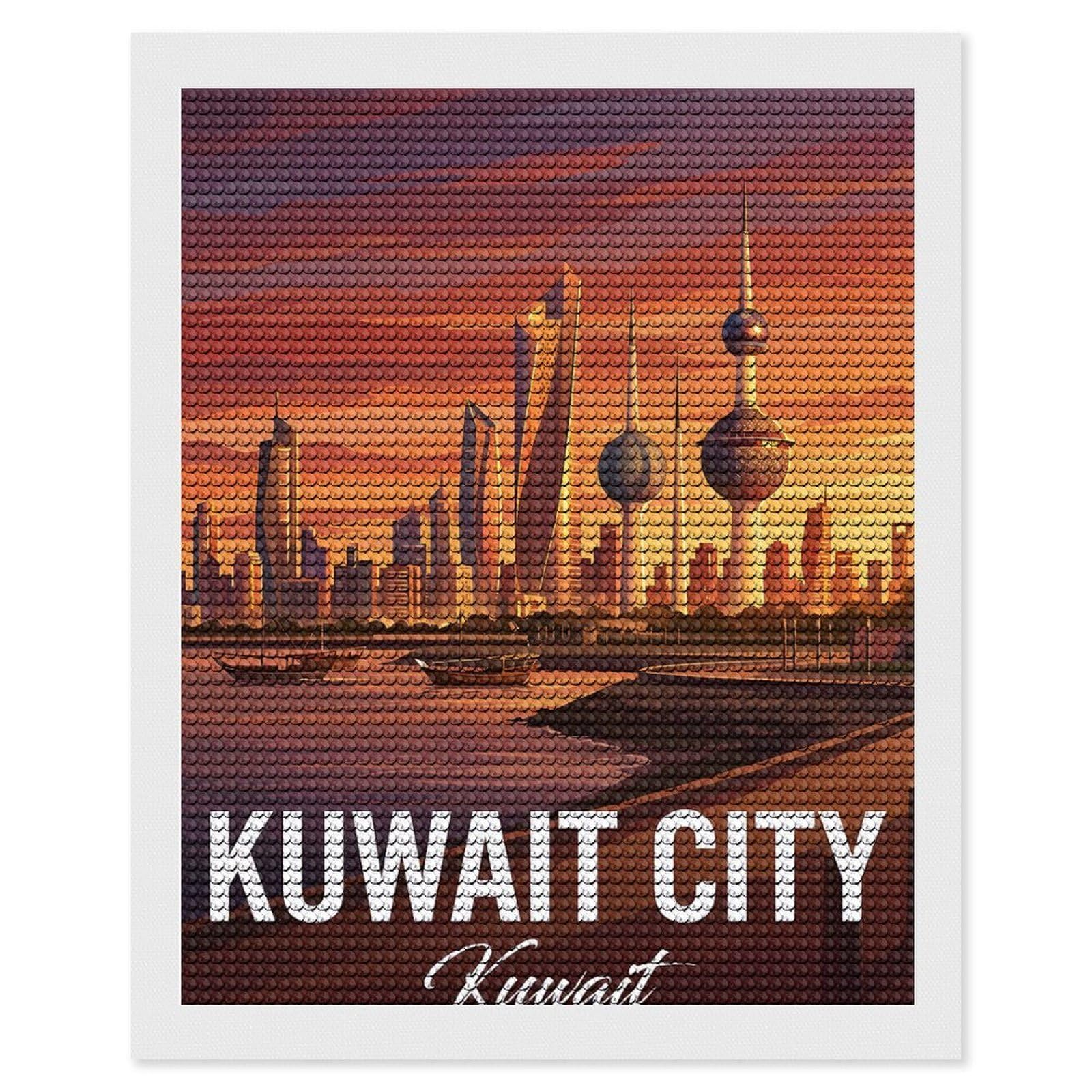 Junmoney Kuwait City Skyline at Sunset Diamond Painting Canvas Set 16"x20", for Adults, Decorate Your Room, Festive Craft Gift, Office Decor