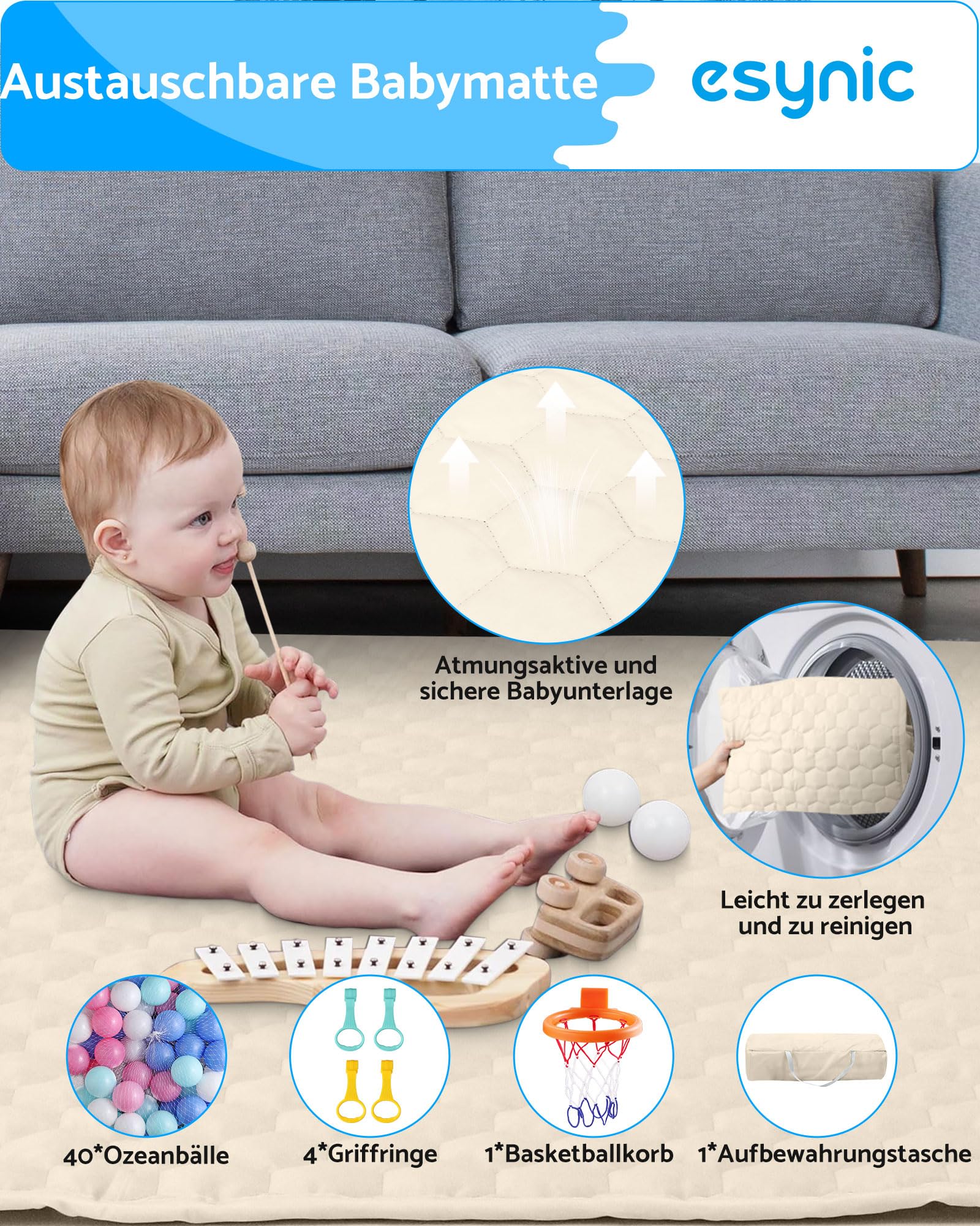 eSynic Laufstall Baby Faltbar Laufgitter mit Matte 150×150cm Klappbarer Extra Großes Indoor & Outdoor Sicherheitslaufstall mit Atmungsaktivem Mesh 50 Bällen Spielgriffen & Tragetasche Beige